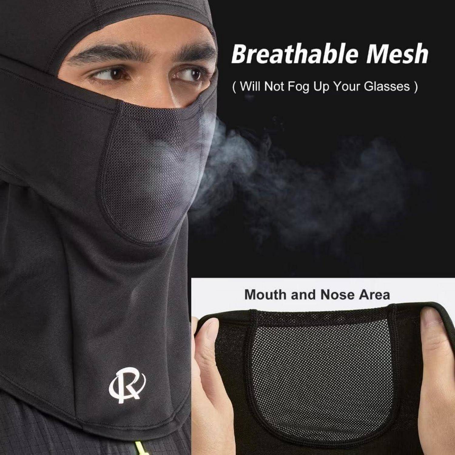 Person trägt eine schwarze atmungsaktive Mesh-Gesichtsmaske mit Text „Atmungsaktives Mesh