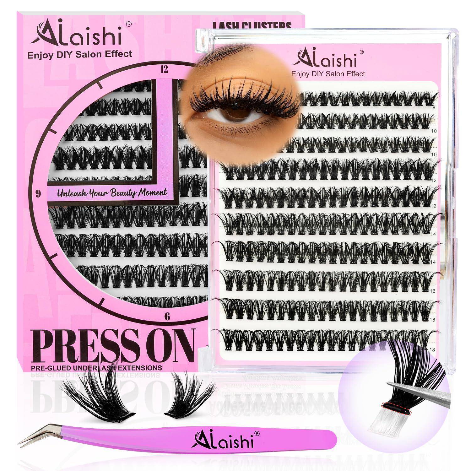Produktpaket für Aishi Klebe-Wimpernverlängerungen zum Aufkleben mit mehreren Wimpernstreifen, Pinzette und eine vergrößerte Nahaufnahme des Augen-Make-ups, die den angewendeten Effekt zeigt.