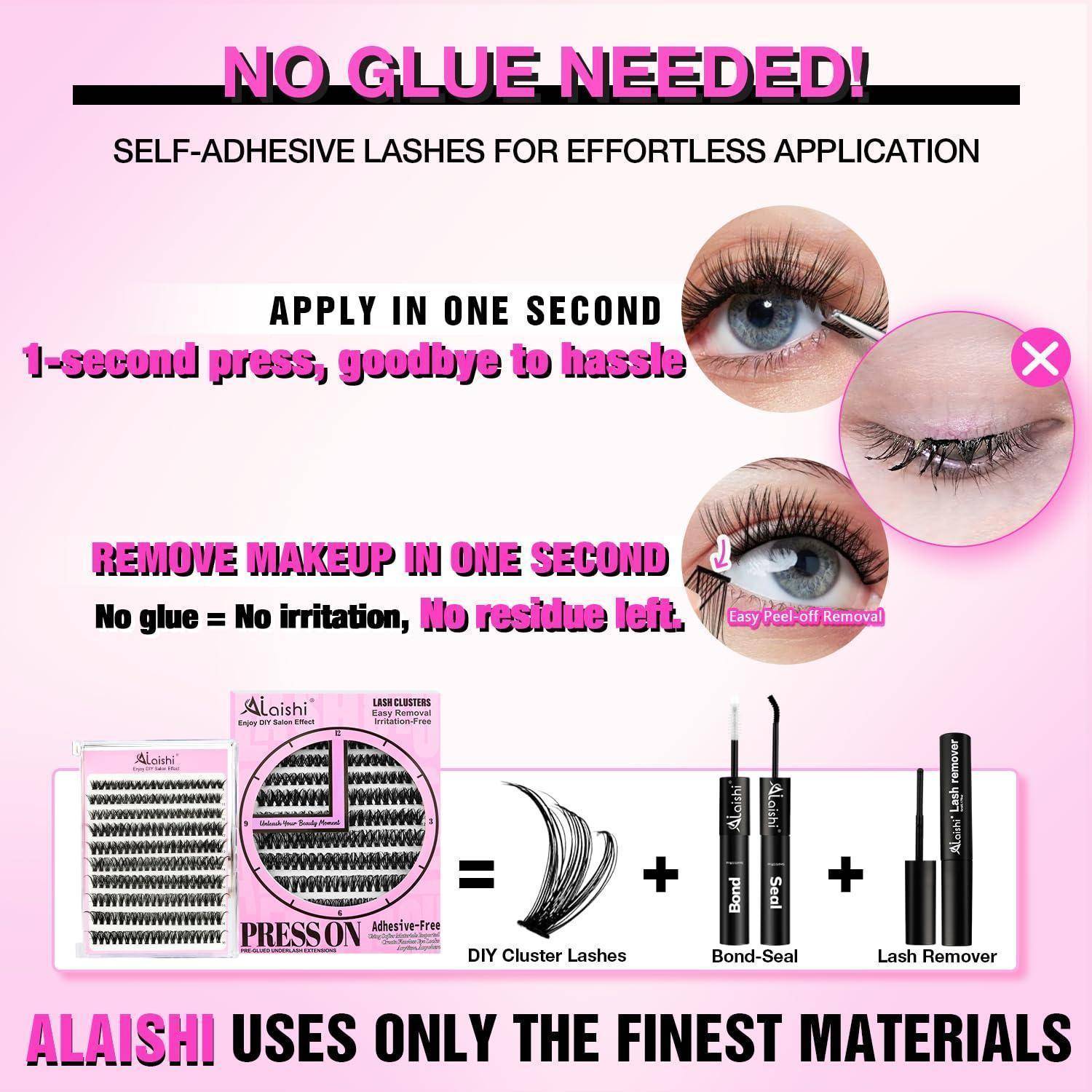Werbegrafik für selbstklebende künstliche Wimpern mit Hervorhebung von „Kein Kleber erforderlich