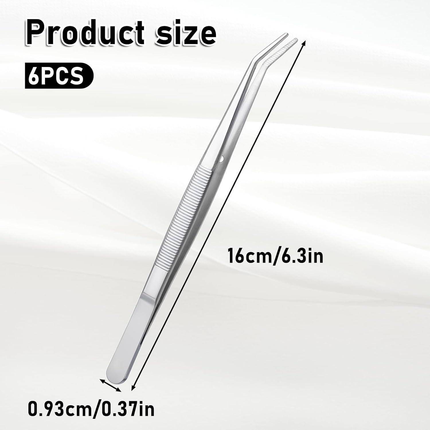 Produktgrößendiagramm mit 6 Pinzetten, 16 cm/6,3 Zoll lang und 0,93 cm/0,37 Zoll breit.