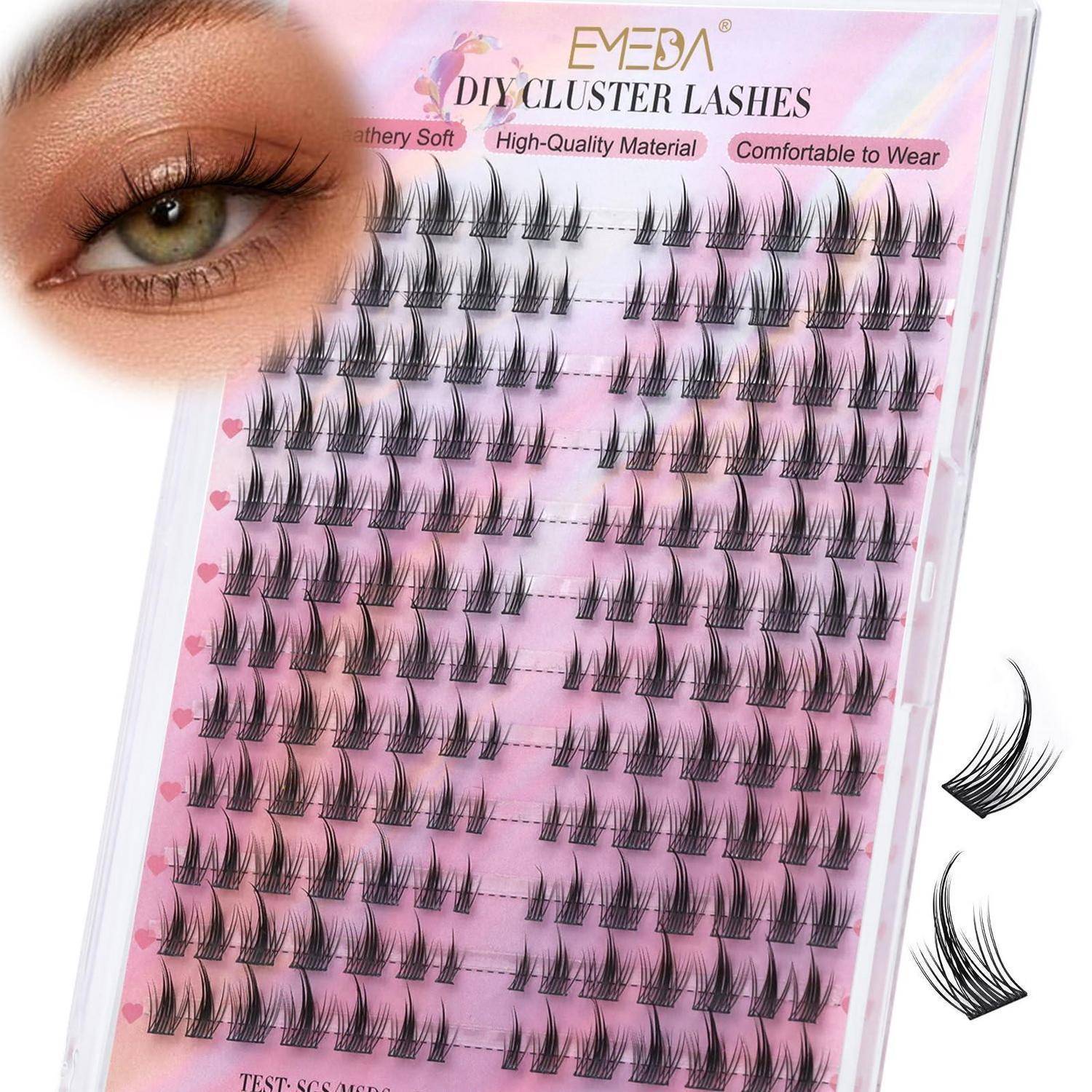 Verpackung für EVEA DIY Cluster-Wimpern mit mehreren Reihen von falschen Wimperncluster, mit Nahaufnahmen von Auge und Wimpernbeispielen.