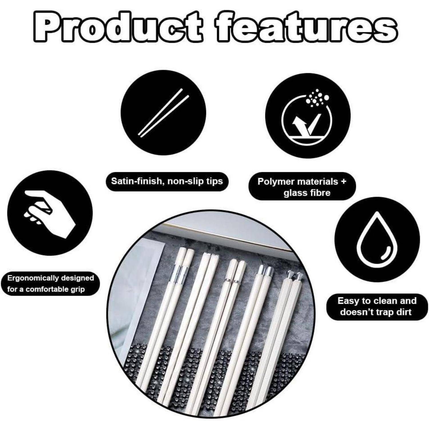 Produktmerkmale-Infografik mit weißen Essstäbchen und Beschriftungen: Satinfinish, rutschfeste Spitzen, Polymermaterialien und Glasfaser, ergonomischer Griff und leicht zu reinigen.