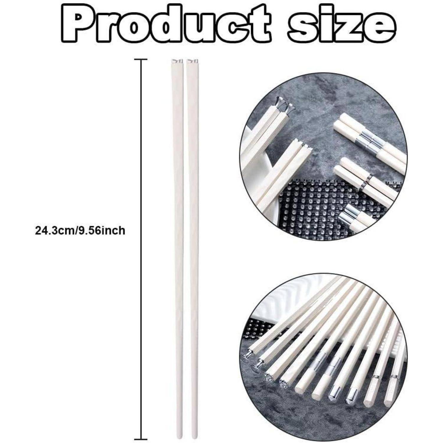 Produktgrößendiagramm mit zwei weißen Stäben/Stöcken, beschriftet mit 24,3 cm/9,56 Zoll, mit vergrößerten Nahaufnahmen der Enden und angeordnetem Set.
