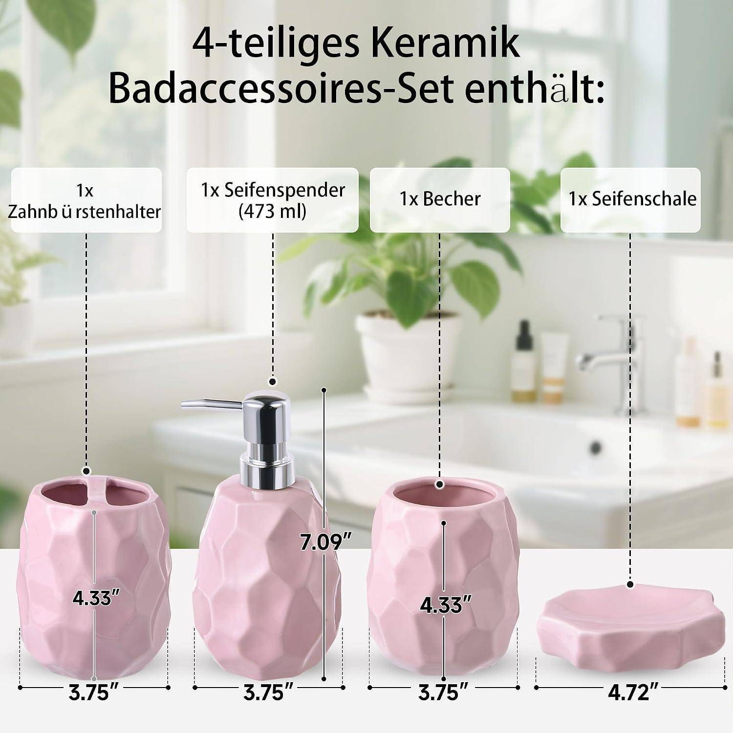 Rosa 4-teiliges Keramik-Badezimmerzubehör-Set: Zahnbürstenhalter, 473-ml-Seifenspender, Becher und Seifenschale mit angegebenen Abmessungen.