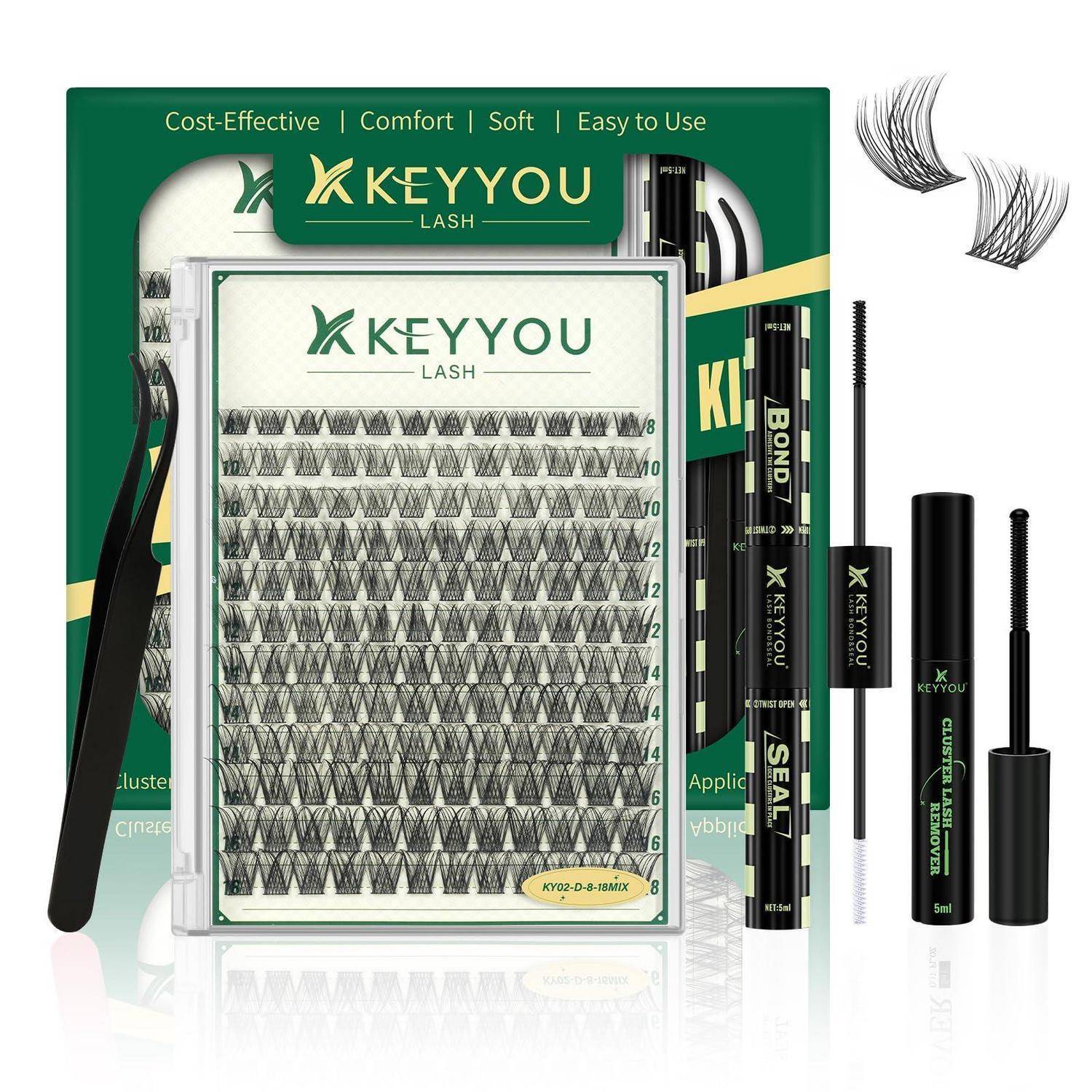 KEYYOU Wimpernverlängerungsset mit Wimpernpalette, Pinzetten, Kleber, Verschluss und Wimpernzange; Verpackung hebt folgende Punkte hervor: „Kostengünstig