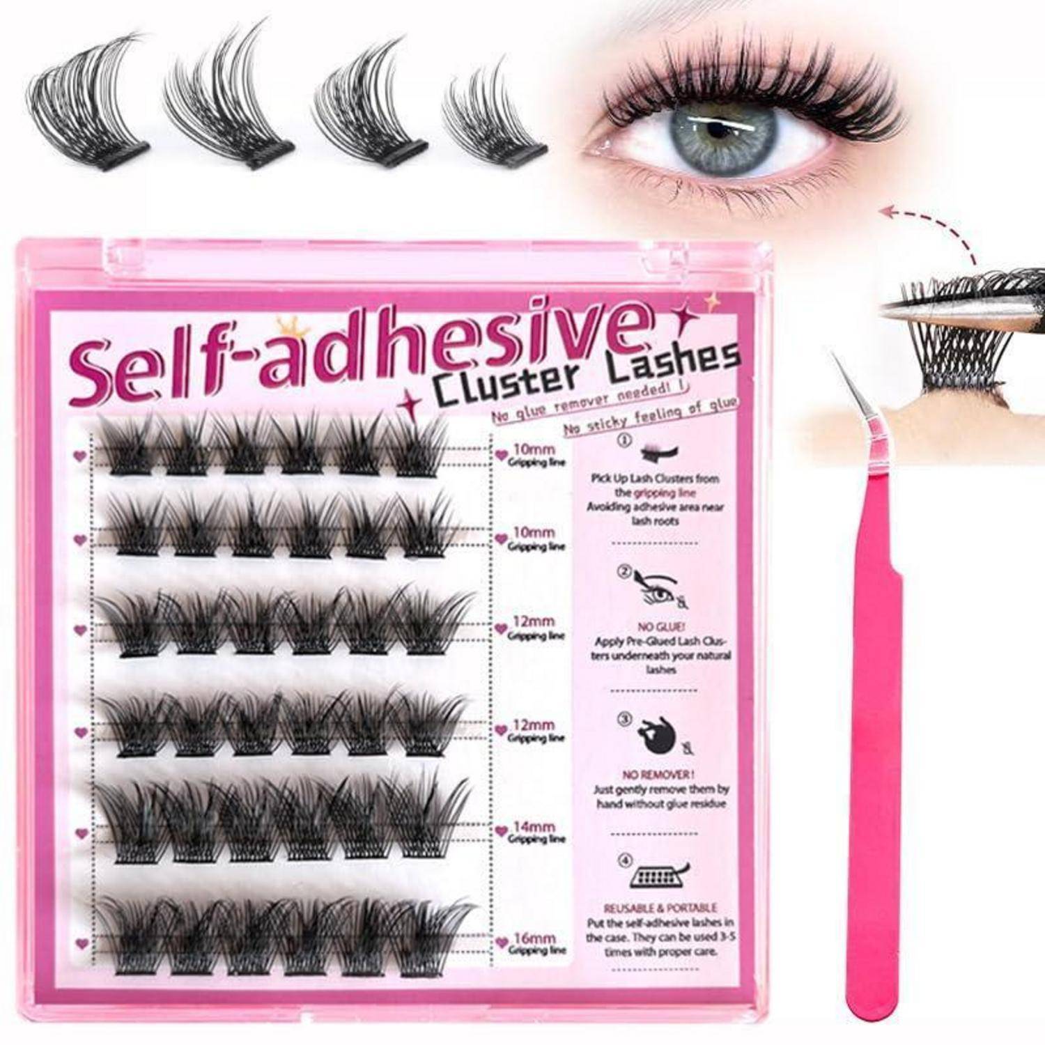 Packung mit selbstklebenden Wimpernbüscheln in unterschiedlichen Längen, mit Beispiel zur Augenanbringung und gezeigtem Pinzettenwerkzeug.