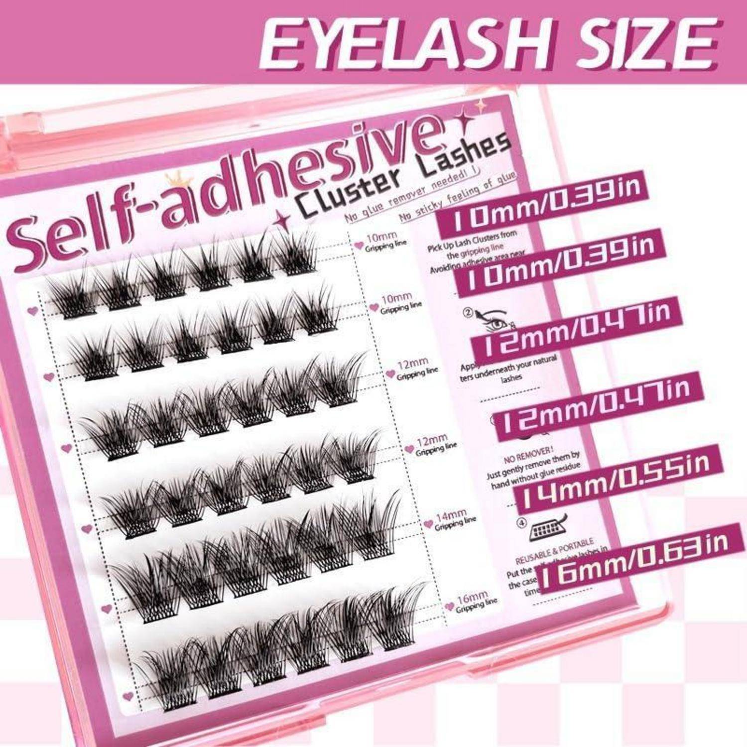 Selbstklebende Wimpernbüschel-Größentabelle mit Wimpernbüscheln von 10 mm bis 16 mm, mit Längenetiketten und Produktverpackung.