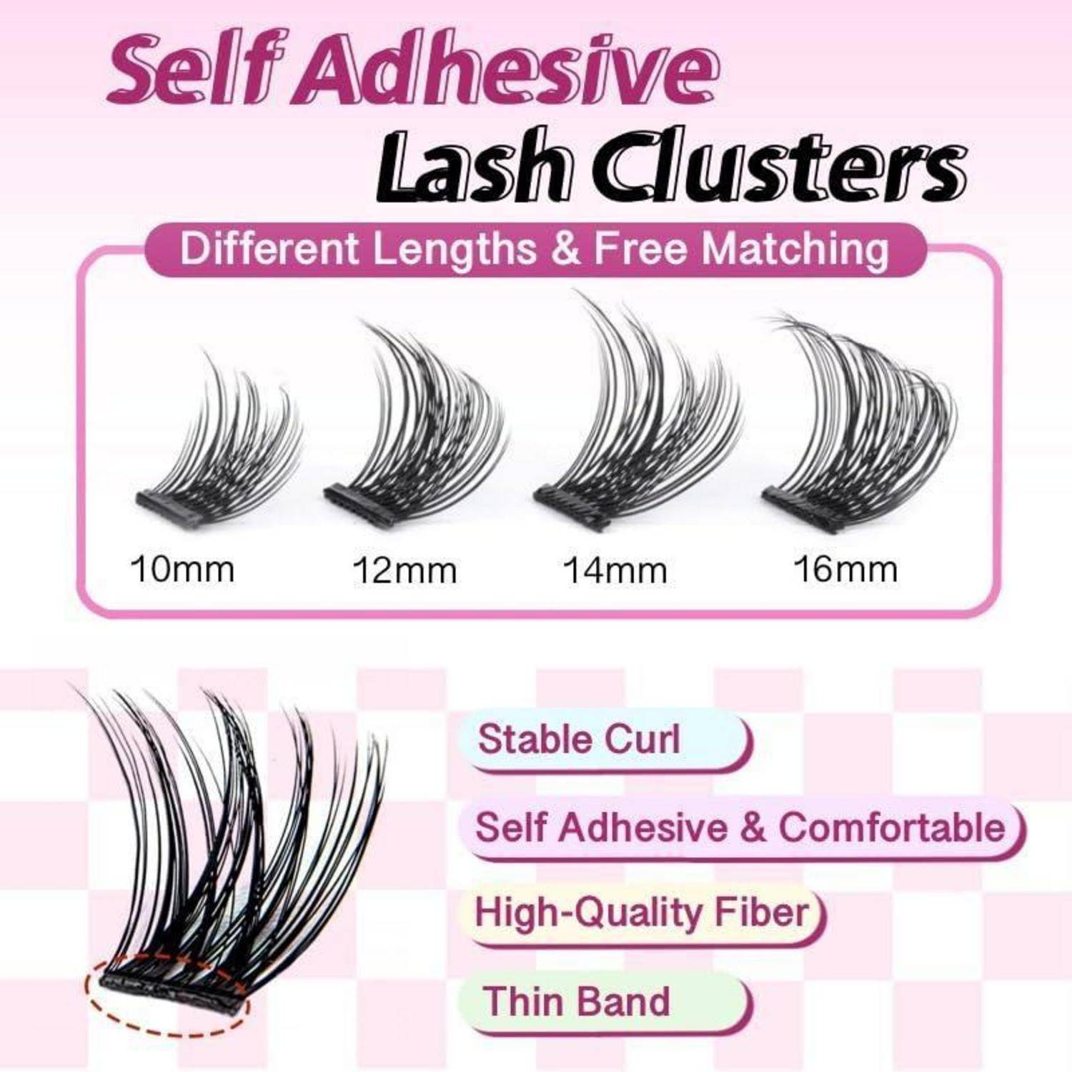 Selbstklebende Wimpernbüschel in 10mm, 12mm, 14mm und 16mm mit stabilem Curl, komfortablem hochwertigem Fasermaterial und dünnem Band.
