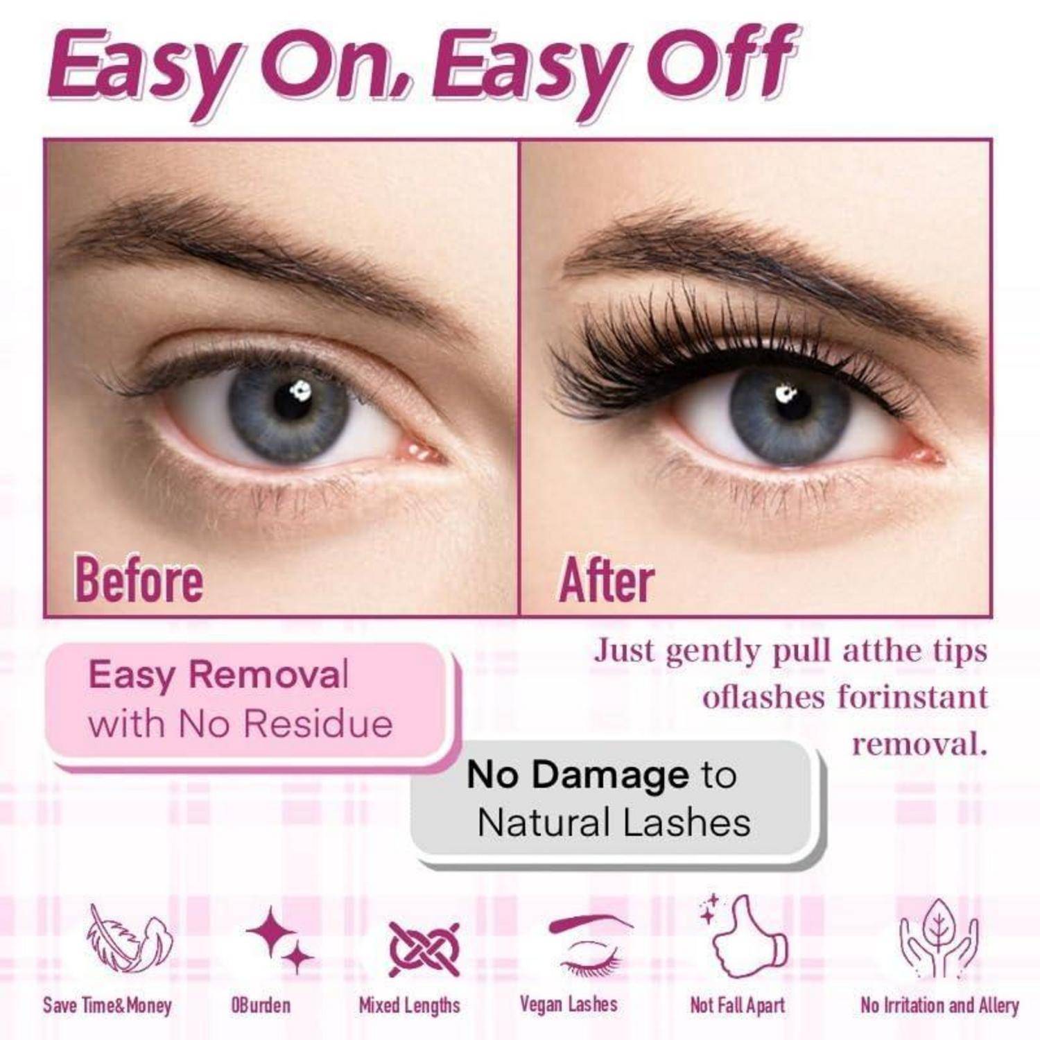 Selbstklebende Wimpern, kein Kleber erforderlich, 36 Stück, vorgeklebte, einzelne Wimpern, zum Aufdrücken, wiederverwendbar, 10–16 mm, D-Curl-Clus