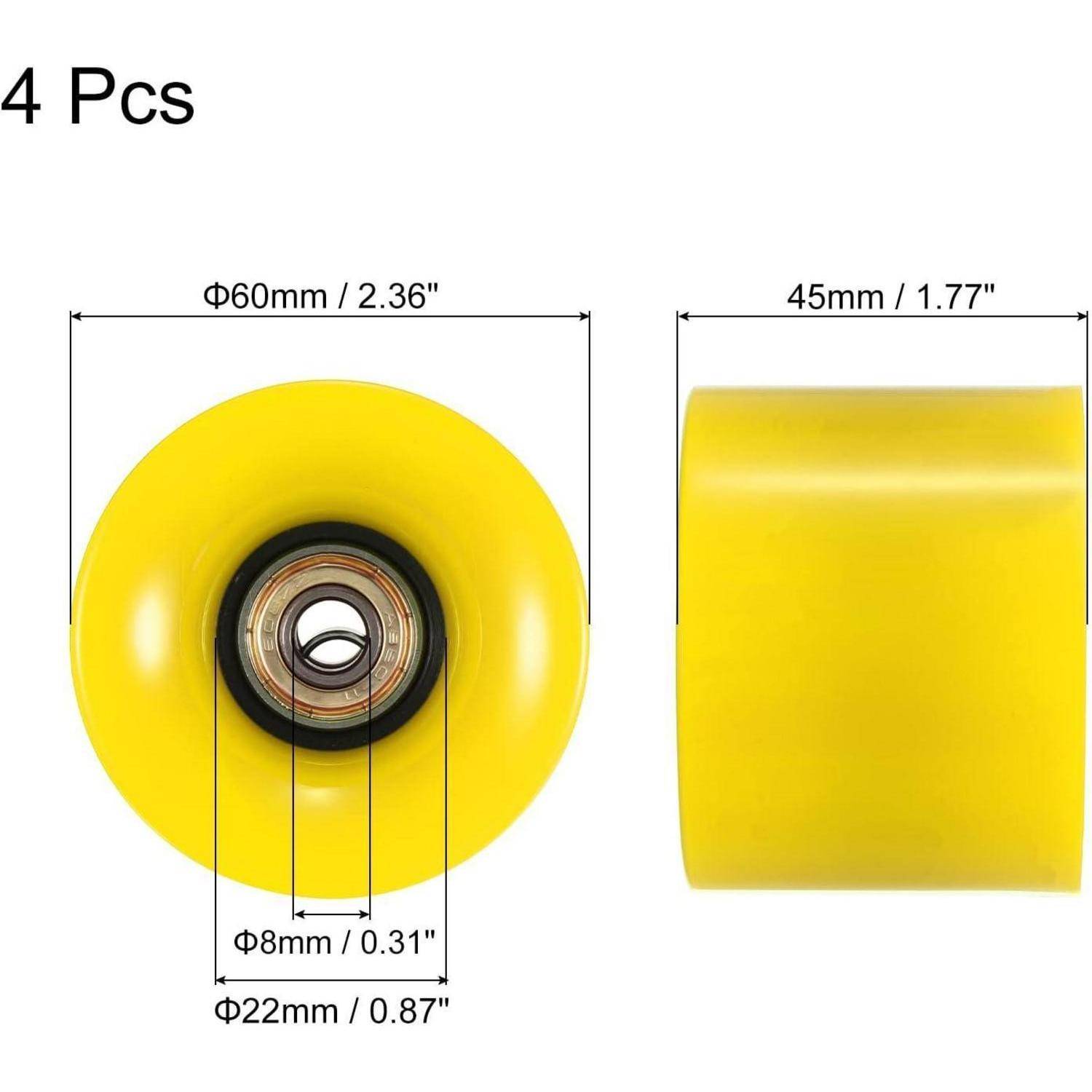 Produktbild von 4 gelben Rädern mit Abmessungen: 60 mm Durchmesser, 45 mm breit, 8 mm Bohrung und 22 mm Nabendurchmesser.