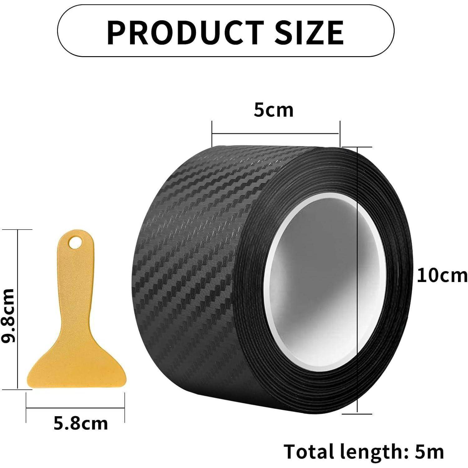 Produktgrößendiagramm mit einer schwarzen Klebebandrolle 10 cm breit, 5 cm Durchmesser, Gesamtlänge 5 m, neben einem goldenen Schaber 9,8 cm hoch und 5,8 cm breit.