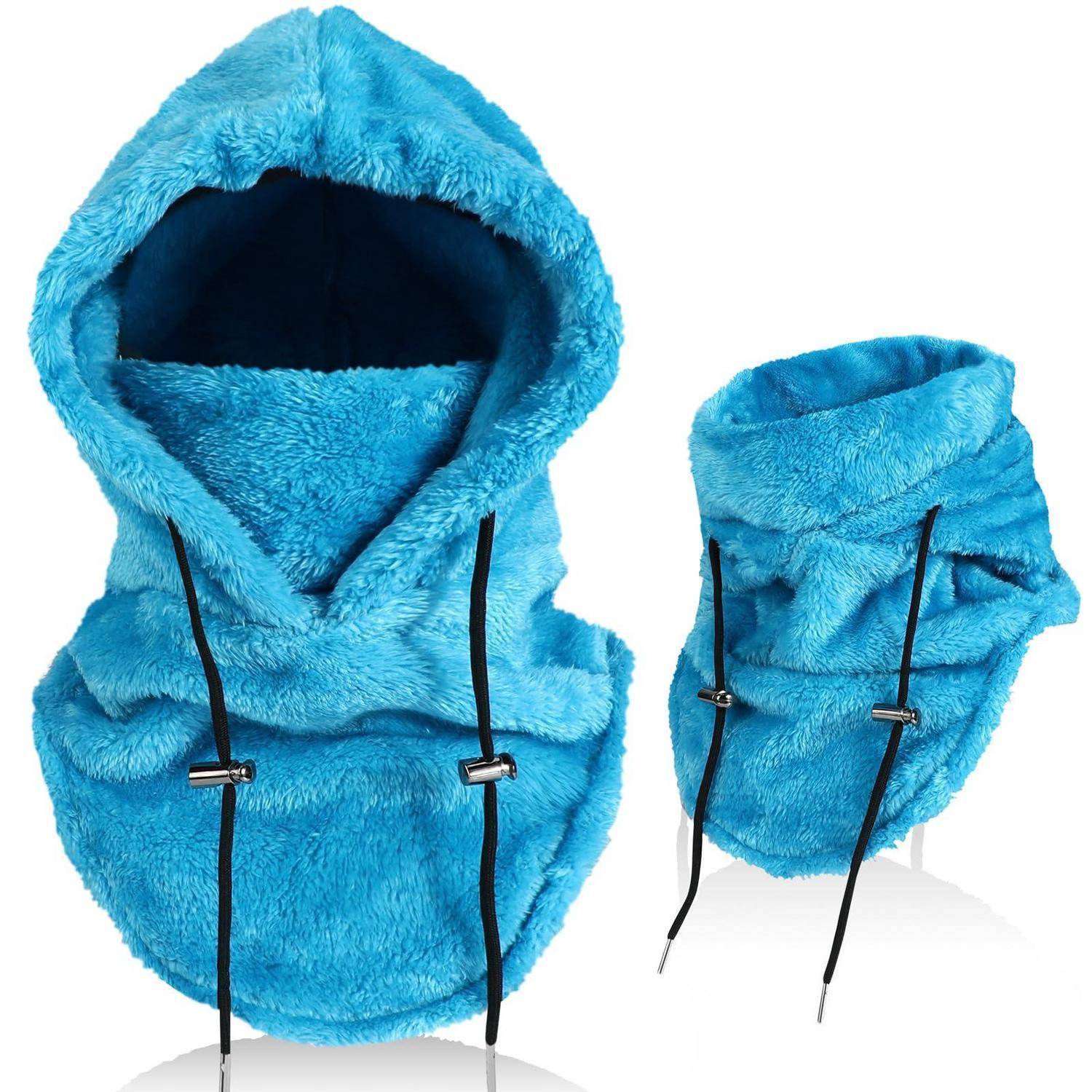 Blauer Plüsch-Kapuzenschal mit Zugbändern, gezeigt in gefalteter tragbarer Form und eine kleinere passende Ansicht auf weißem Hintergrund