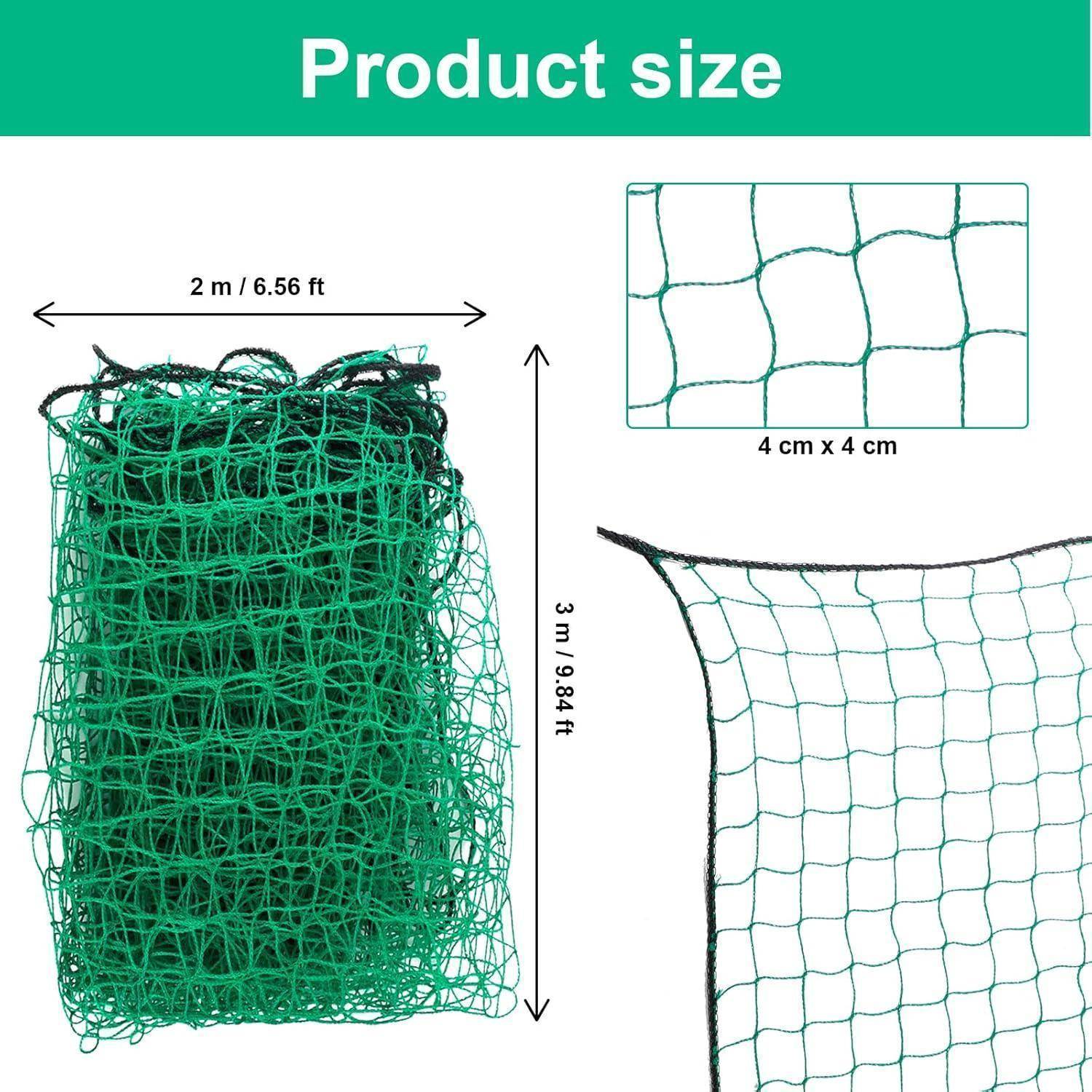 Produktgrößendiagramm für ein grünes Netz: 2 m breit, 3 m hoch, mit 4 cm x 4 cm Maschenquadraten.