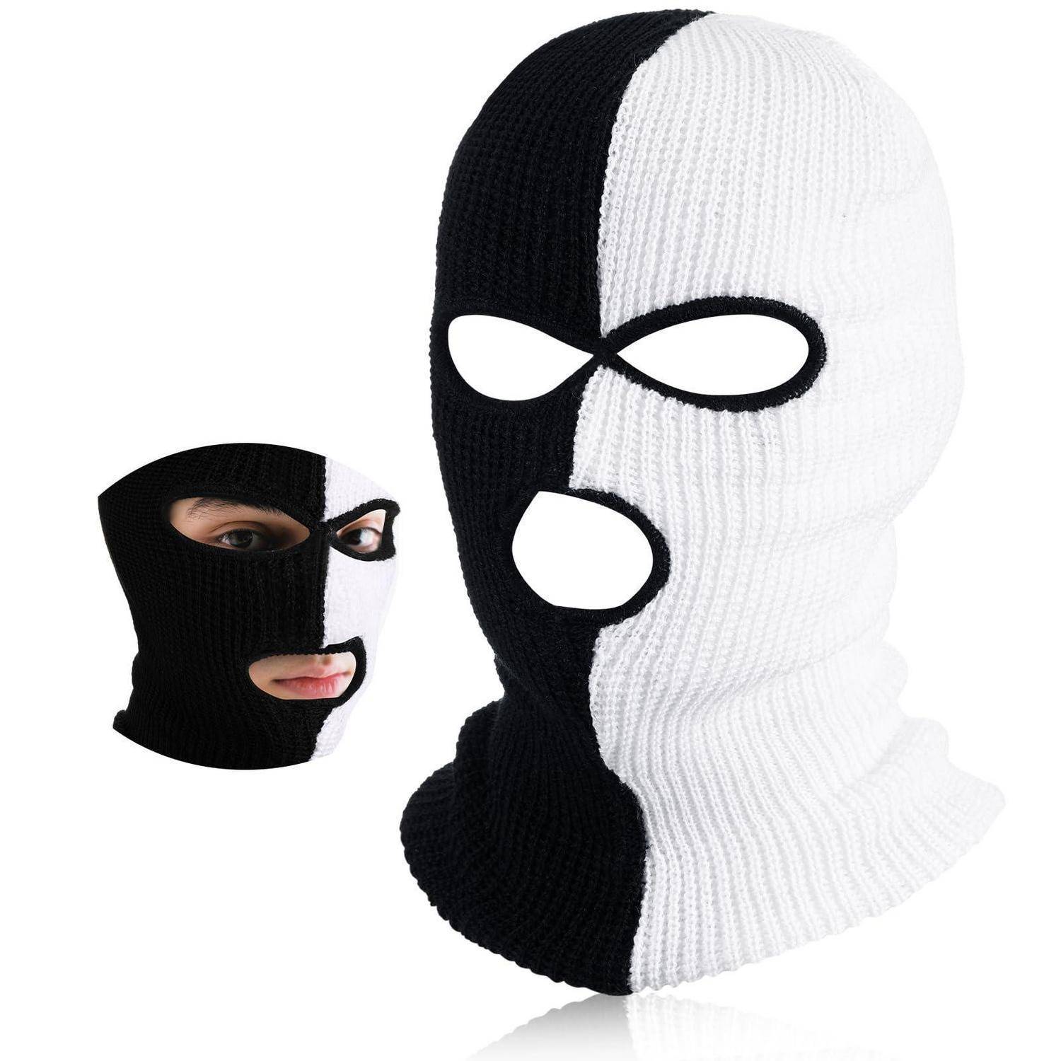 Schwarz-weiße gestrickte Sturmhaube mit Augen- und Mundöffnungen, Vorderansicht mit kleinerer Einfügung der auf einer Person getragenen Maske.
