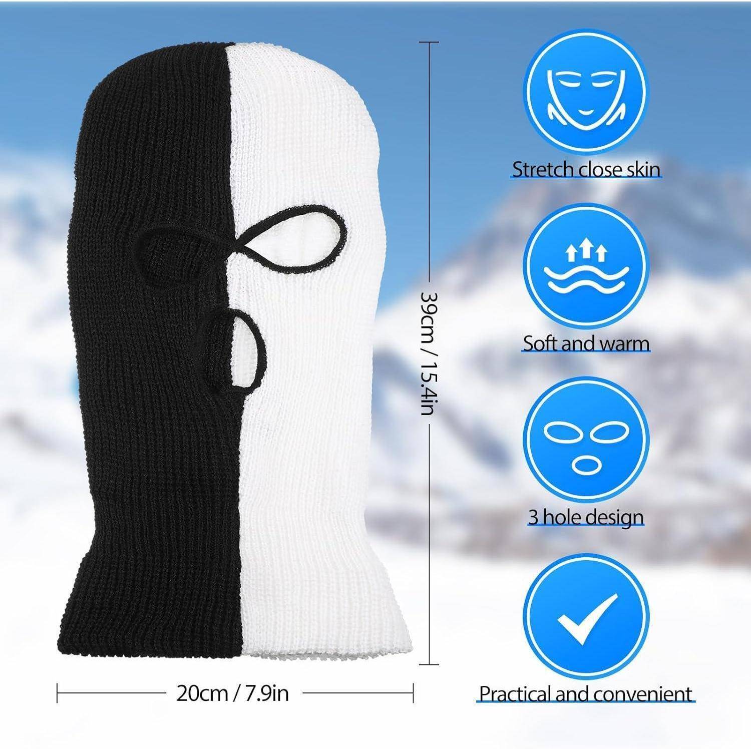 Schwarz-weißes 3-Loch-Strickskimasken-Modell mit den Abmessungen 39cm x 20cm und Funktionssymbolen: elastische Hautanpassung, weich und warm, praktisch und bequem.