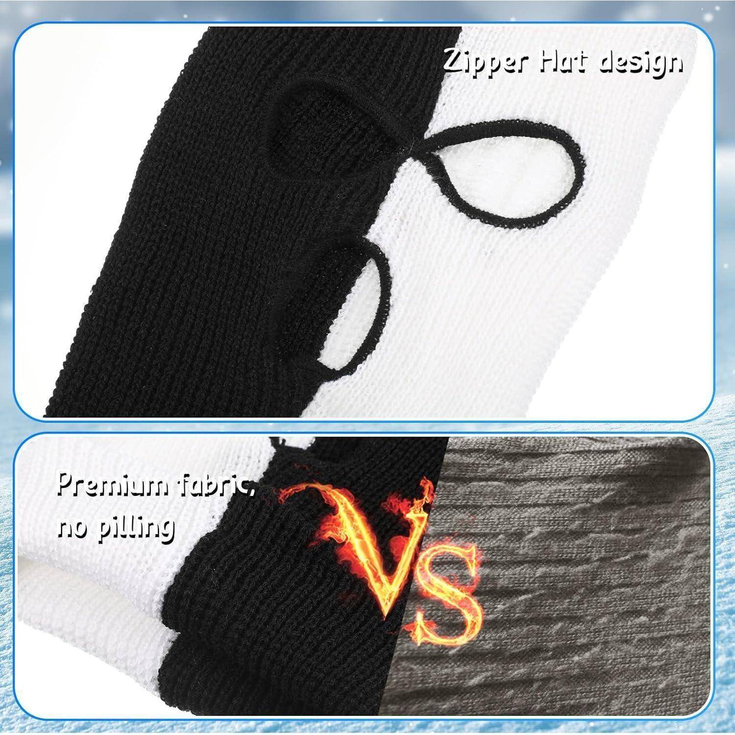 Werbevergleichsbild einer gestrickten Reißverschlussmütze in Schwarz und Weiß, das das 