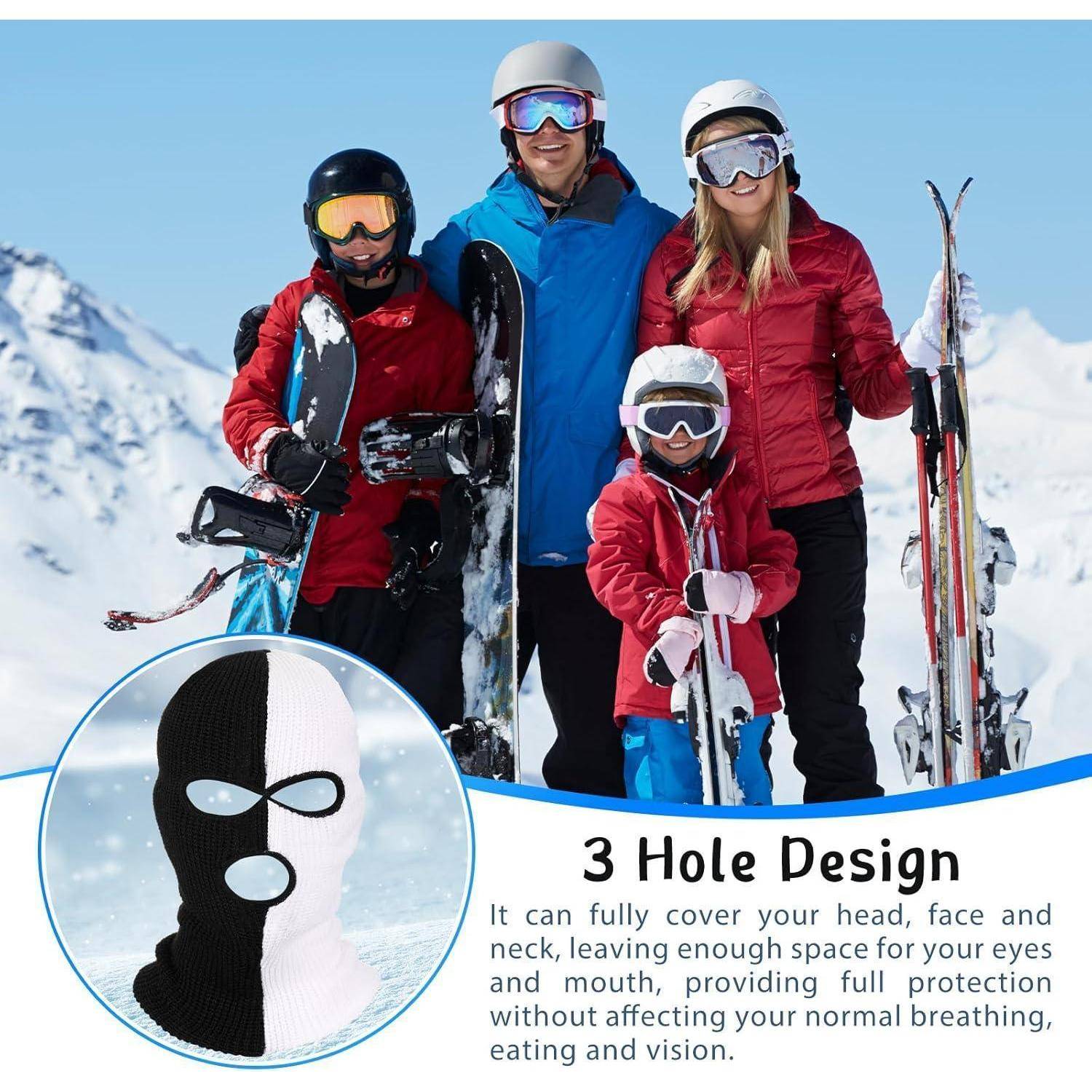 Familie von Skifahrern in Winterkleidung, die auf einem verschneiten Berg posiert; die Einleitung zeigt eine Schwarz-Weiß-Skimaske mit drei Löchern, mit dem Text „3-Loch-Design