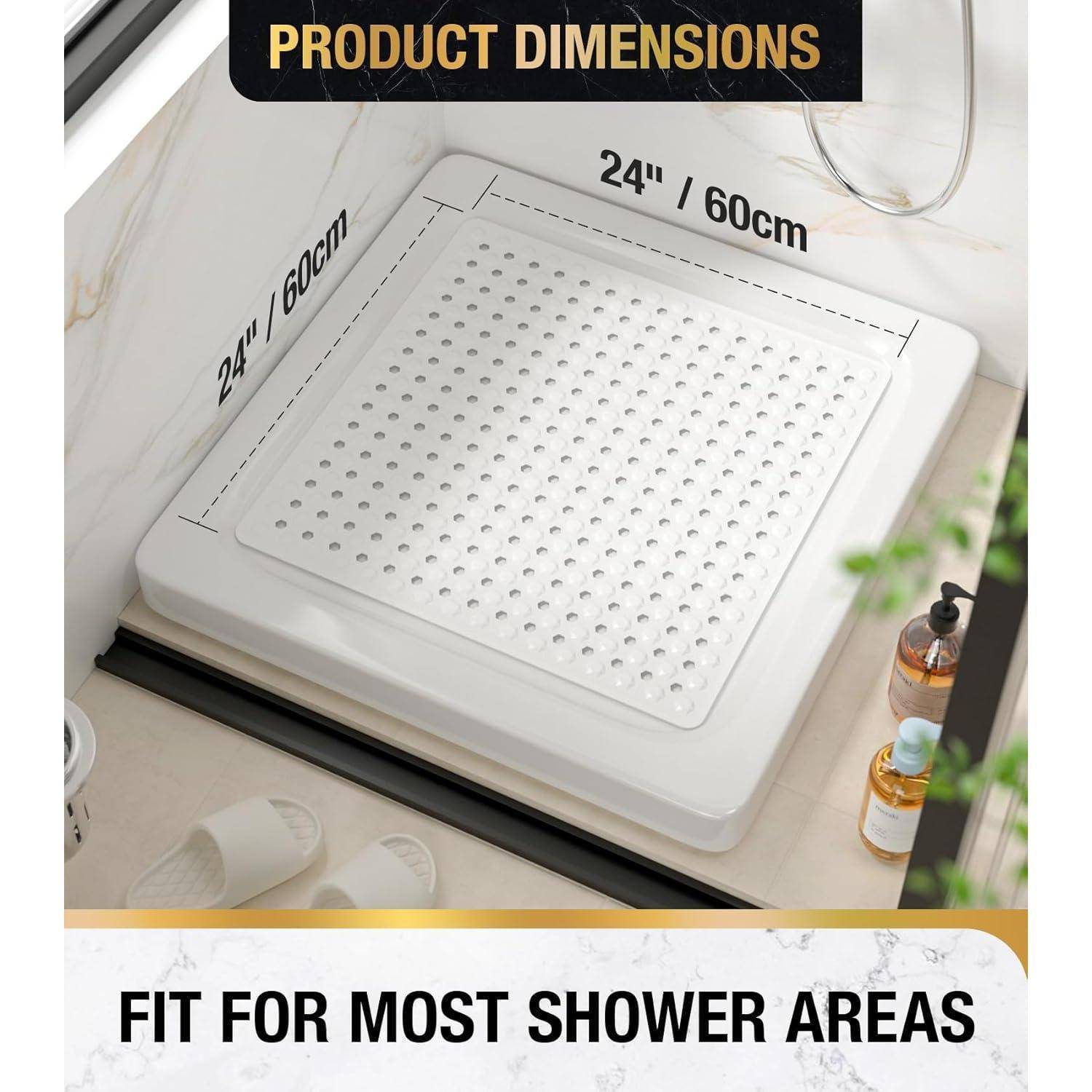 Produktdimensionen-Grafik, die ein quadratisches Duschbecken mit der Beschriftung 24 Zoll / 60 cm × 24 Zoll / 60 cm zeigt, mit der Bildunterschrift „Passt in die meisten Duschnischen