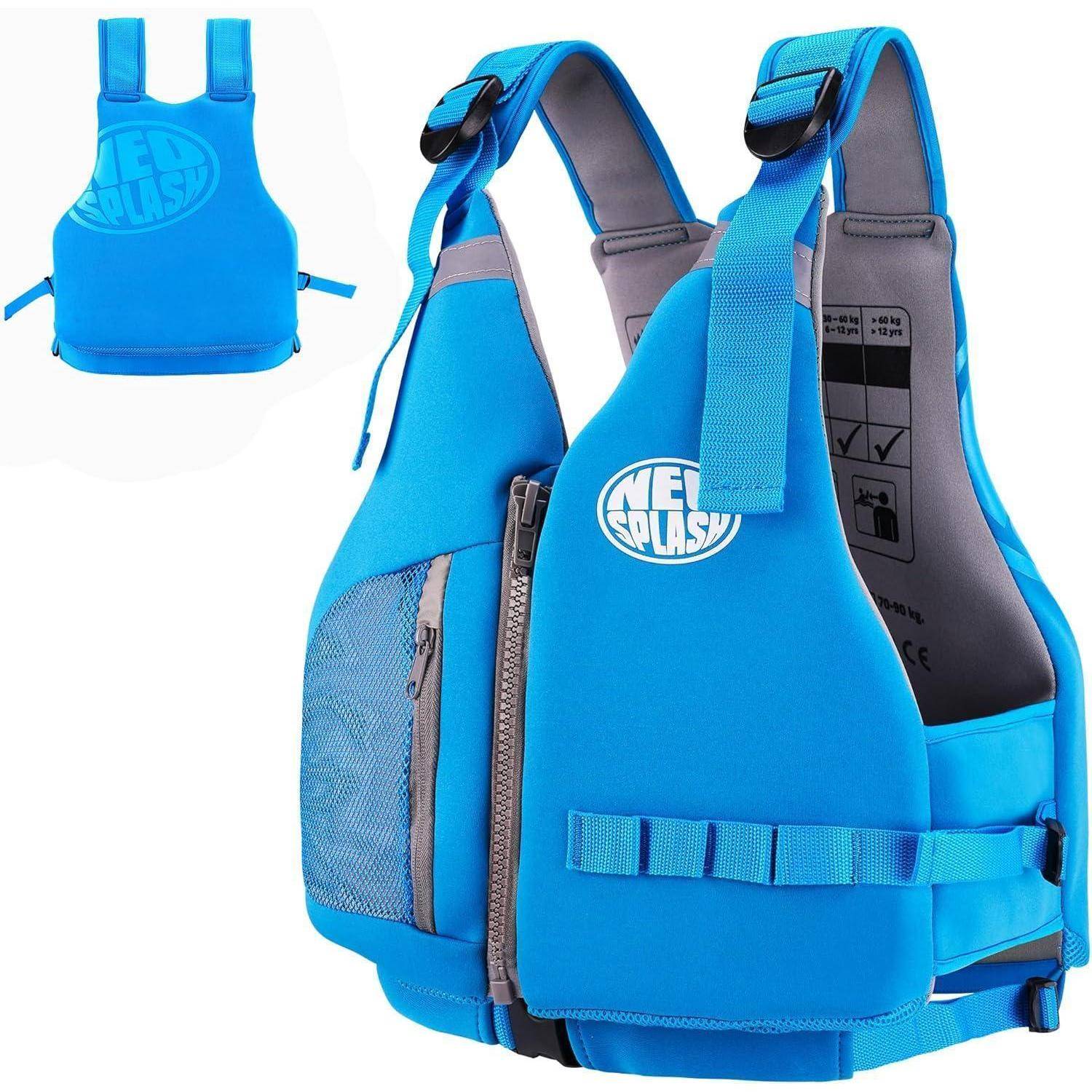Blauwe Neosplash-Rettungsweste mit Frontreißverschluss, seitlicher Netztasche und verstellbaren Riemen, von vorne und hinten auf weißem Hintergrund gezeigt.