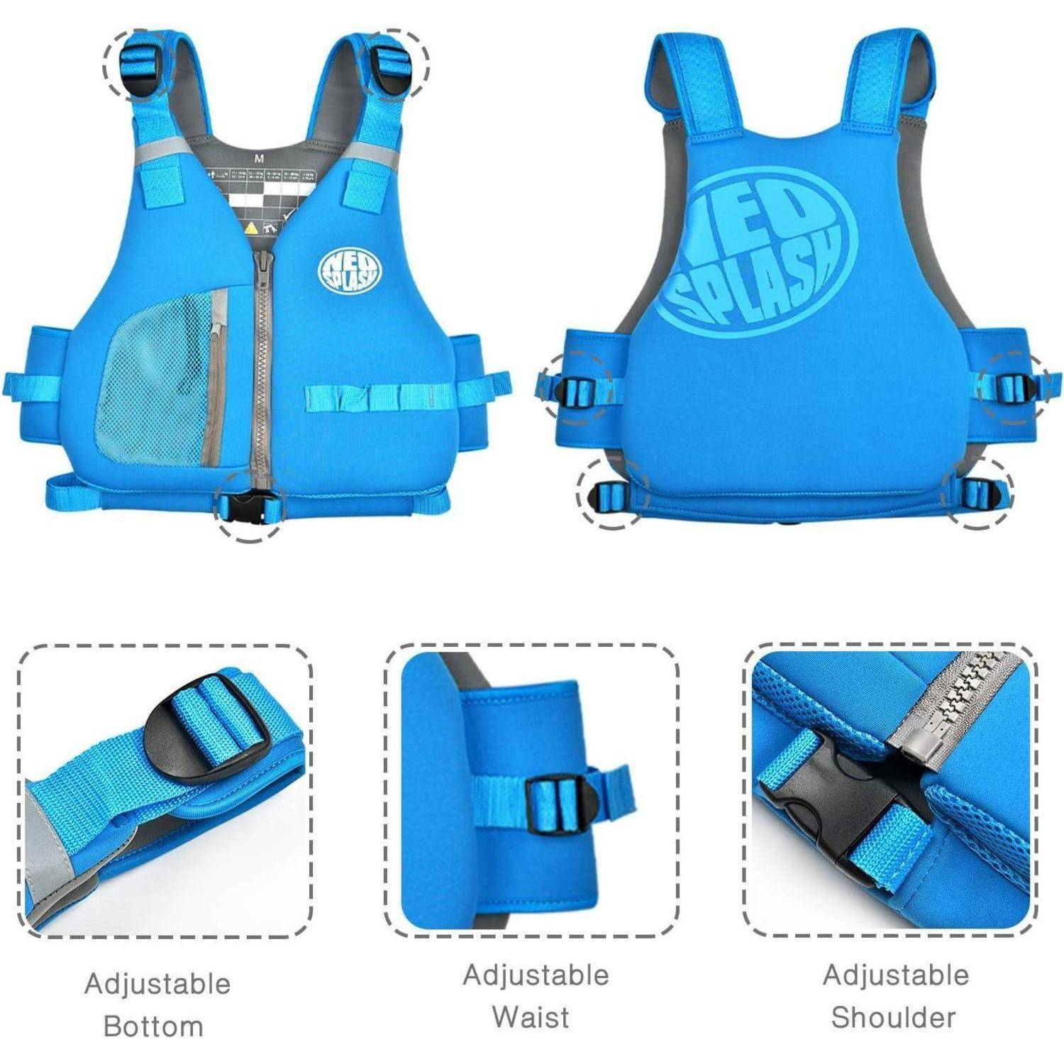 Blau Kinder-Schwimmweste von vorne und hinten gezeigt mit Nahaufnahmen der verstellbaren Unter-, Taillen- und Schultergurte; „RED SPLASH