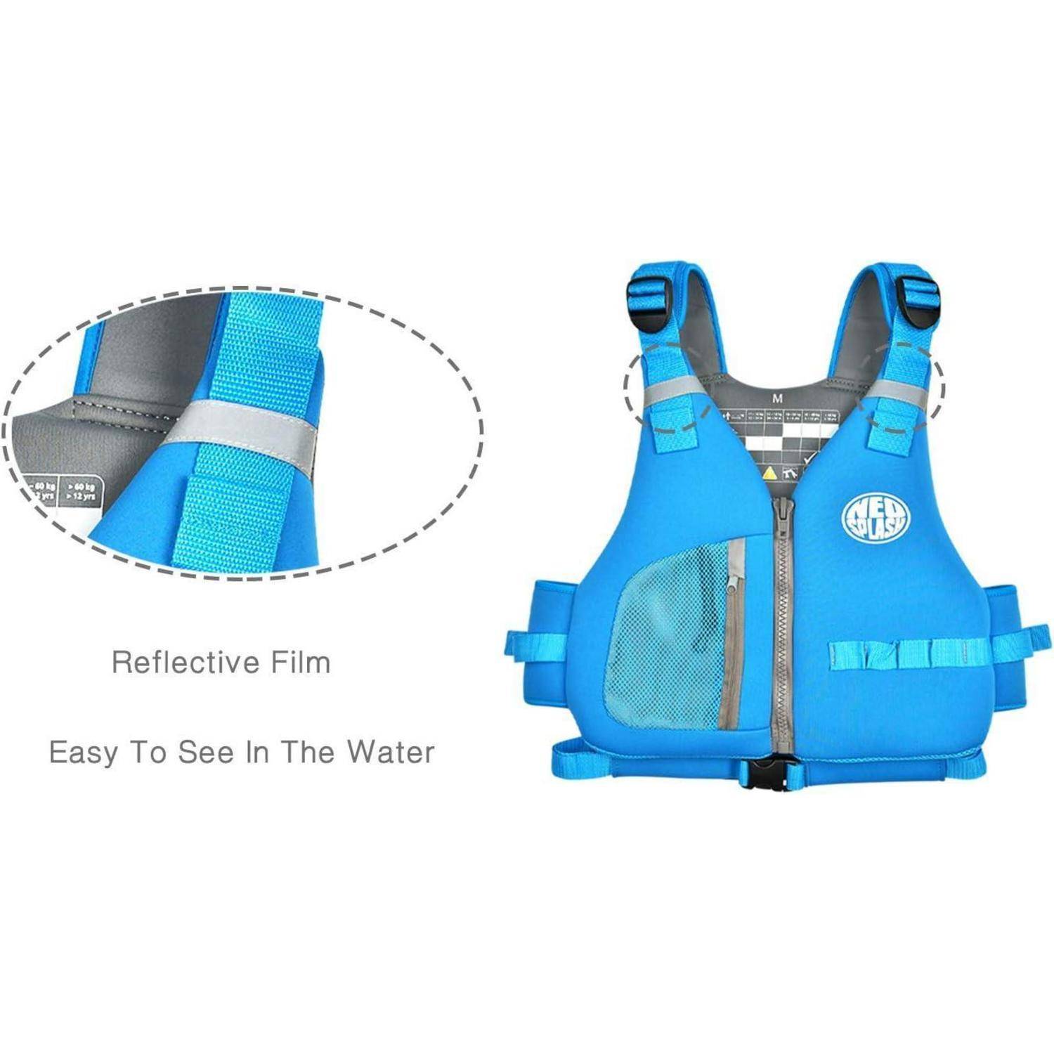 Blaue Rettungsweste mit reflektierendem Film, Frontansicht mit Vergrößerung, die den reflektierenden Streifen und die Sichtbarkeit im Wasser hervorhebt.