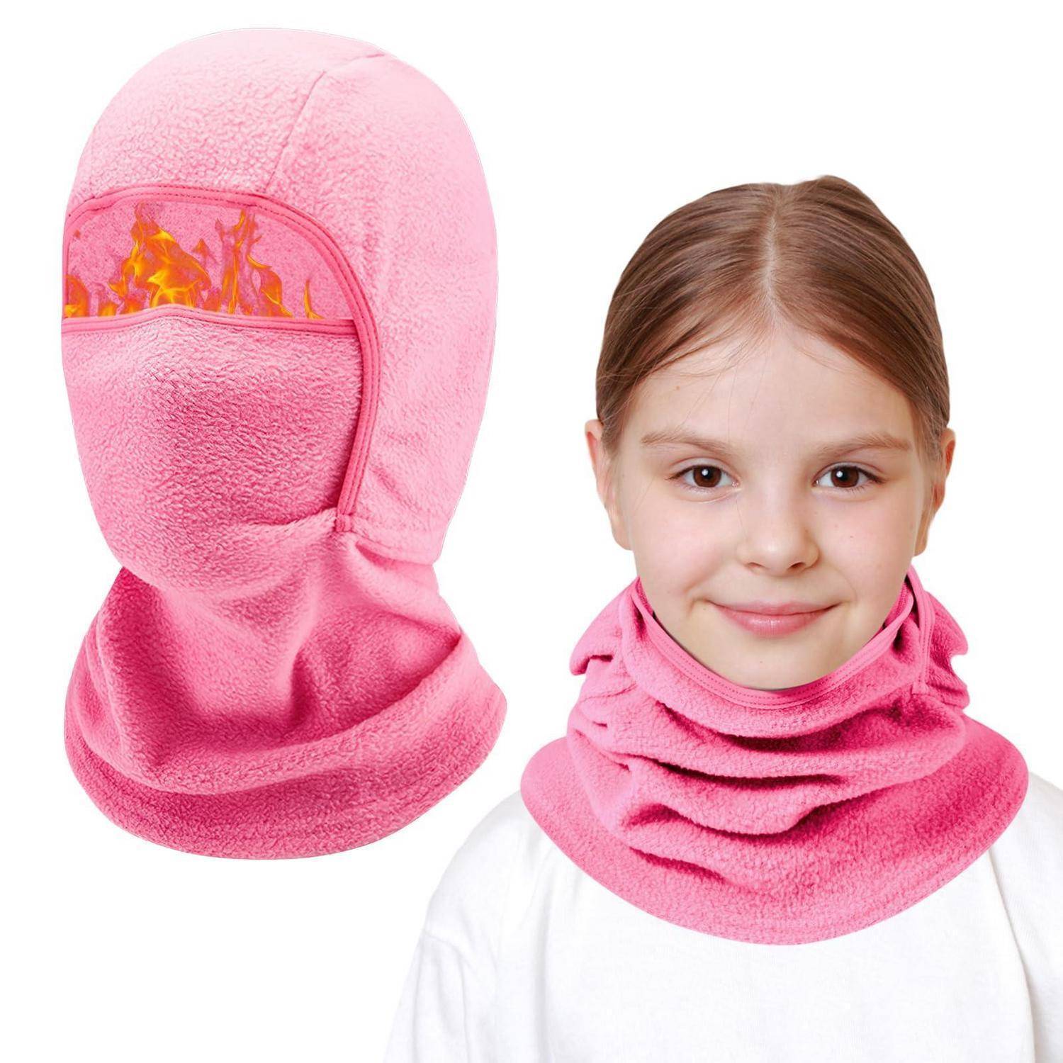 Rosa Fleece-Sturmhaube und Nackenwärmer, gezeigt an einem Kindermodell, mit Gesichtsöffnung und visierähnlichem oberen Panel.