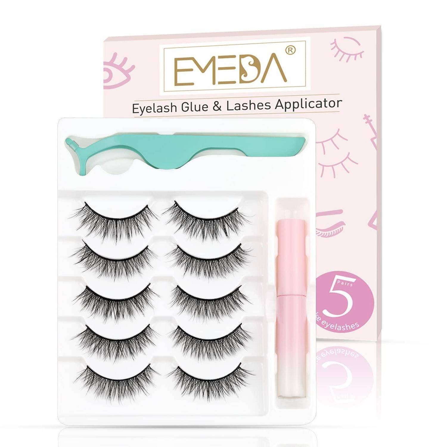 Satz falscher Wimpern mit Kleber und Applikator in Verpackung mit der Beschriftung „EYEA