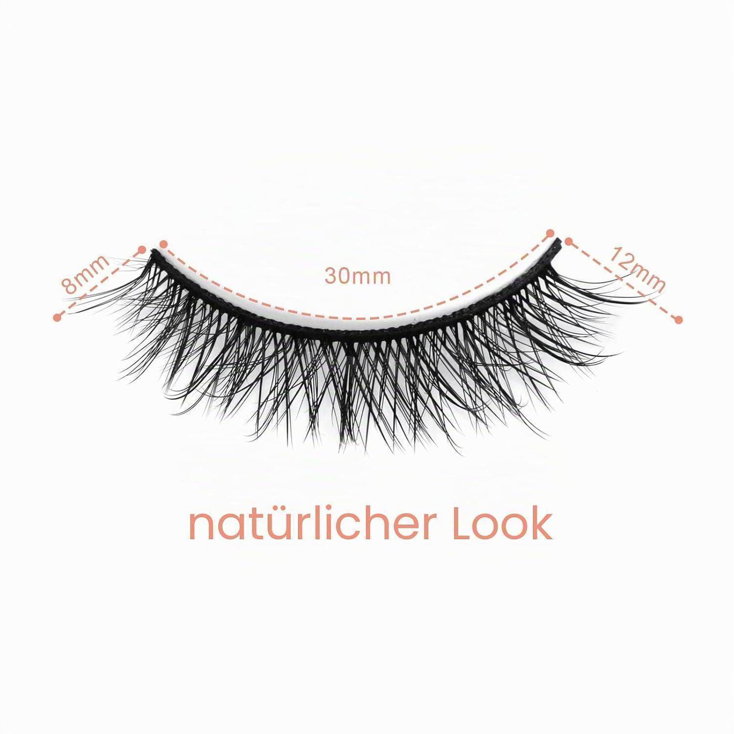 Falsche Wimpernsträhne mit Größenangaben 8mm, 30mm und 12mm; der Text lautet „natürlicher Look