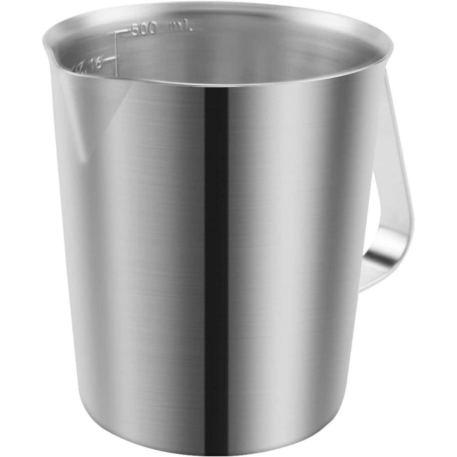 Edelstahl-Messbechermit Griff, gekennzeichnet bis 500 ml.