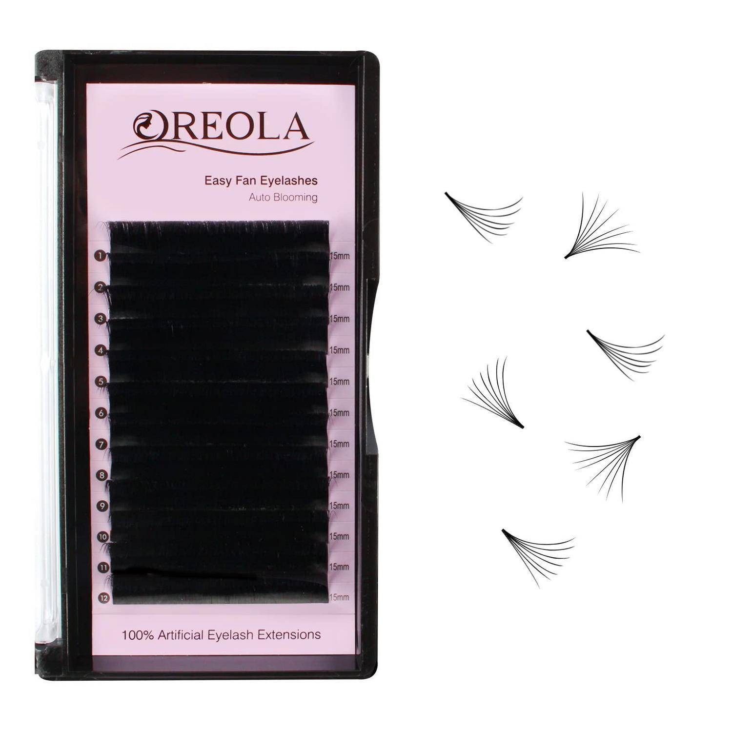 Verpackte ORQOLA easy fan künstliche Wimpern mit Musterfächerfömigen Wimpernbüscheln neben dem Behälter gezeigt.
