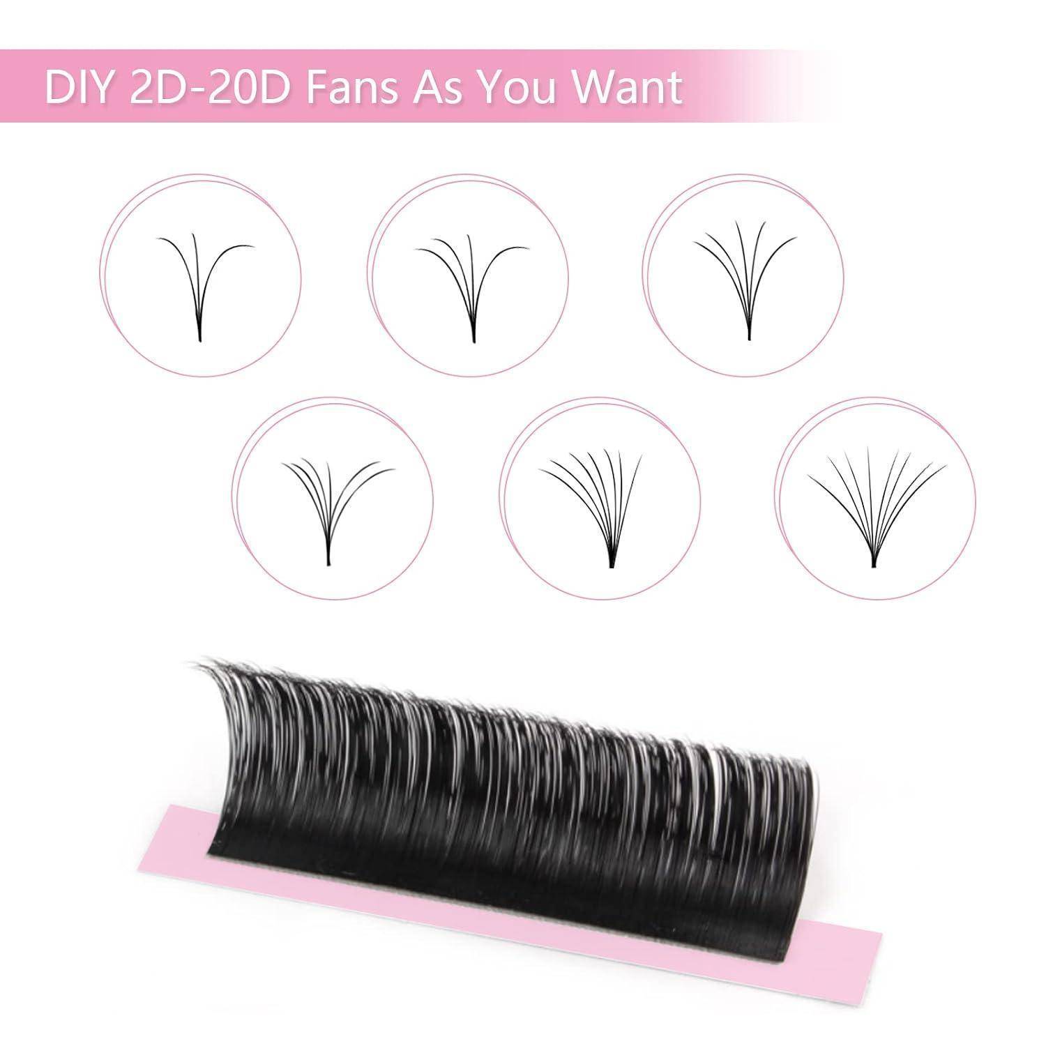 DIY 2D-20D Wimpernfächer-Stile dargestellt mit sechs kreisförmigen Beispielen und einer schwarzen Leiste von Wimpernverlängerungen darunter.