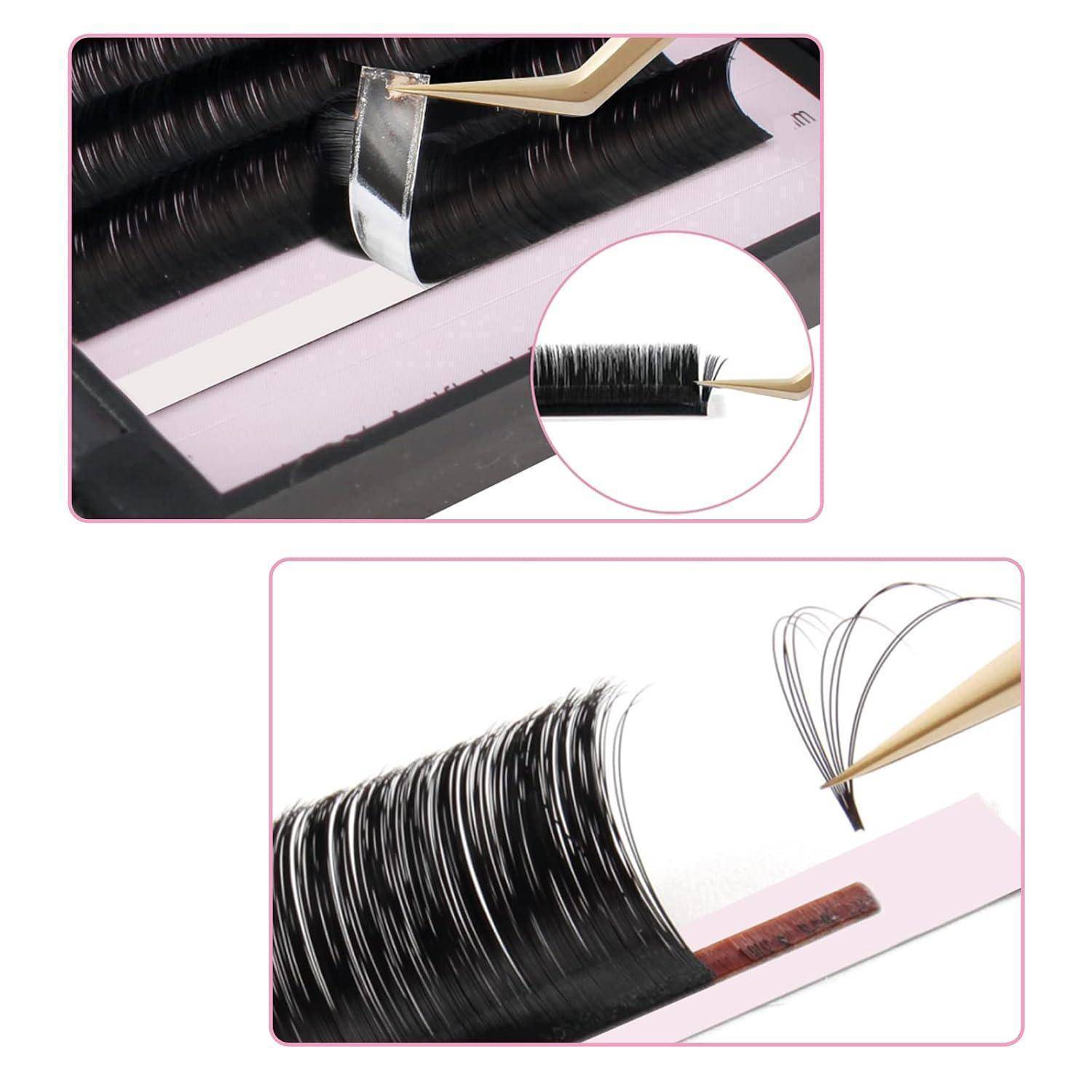 Detailaufnahmen von Pinzetten, die Wimpernverlängerungen trennen, zeigen Wimpernbündel und einen einzelnen Cluster, der aus einem Tablett angehoben wird.