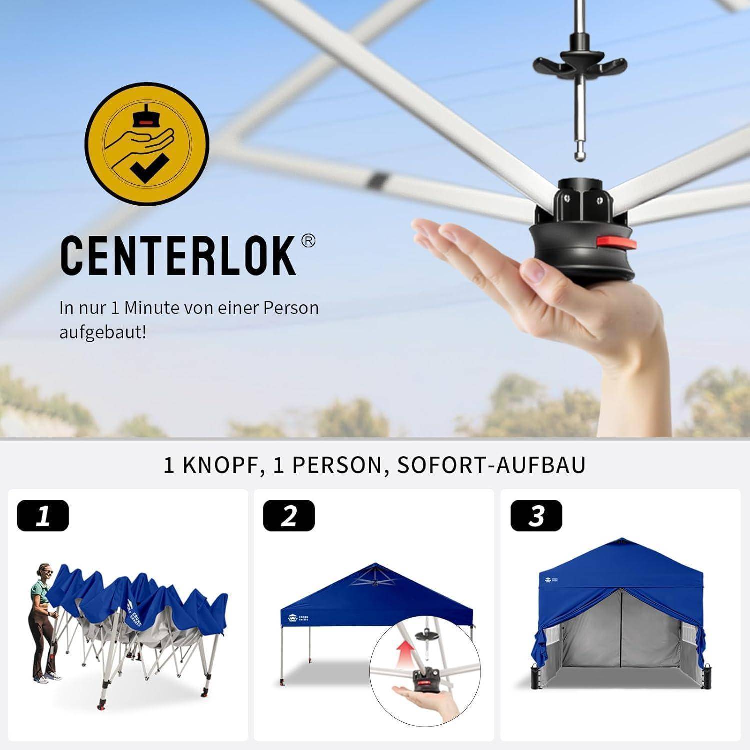 CENTERLOK Zeltverriegelungssystem, dargestellt mit Hand, die einen Dachverbinder betätigt, plus dreiteilige Montageanleitung für ein Popup-Zelt: Rahmen ausklappen, Mittelverschluss anbringen, fertiges Zelt.