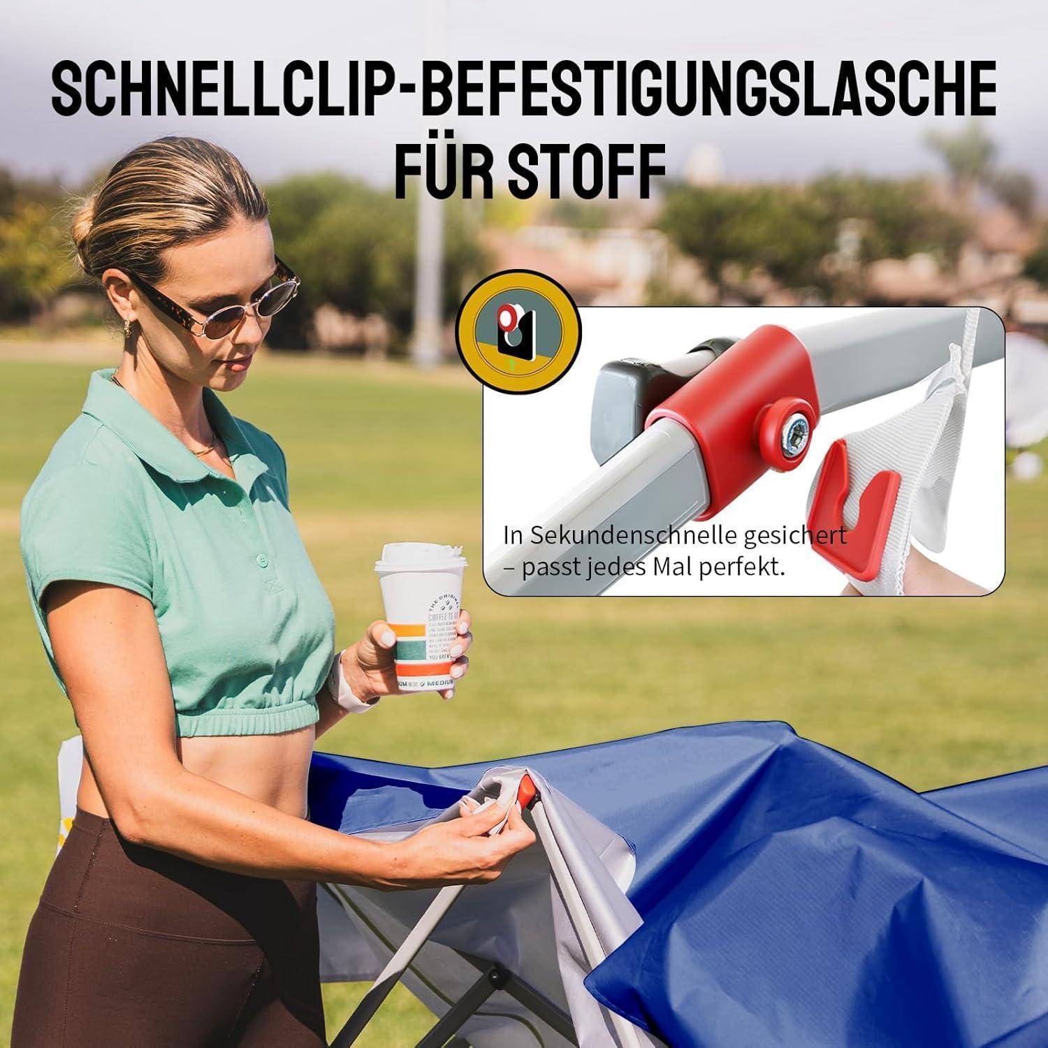 Frau sichert blauen Stoff mit einem Schnellclip-Befestiger an einem Rahmen; Deutscher Text sagt „Schnellclip-Befestigungslasche für Stoff" und „In Sekundenschnelle gesichert – passt jedes Mal perfekt."