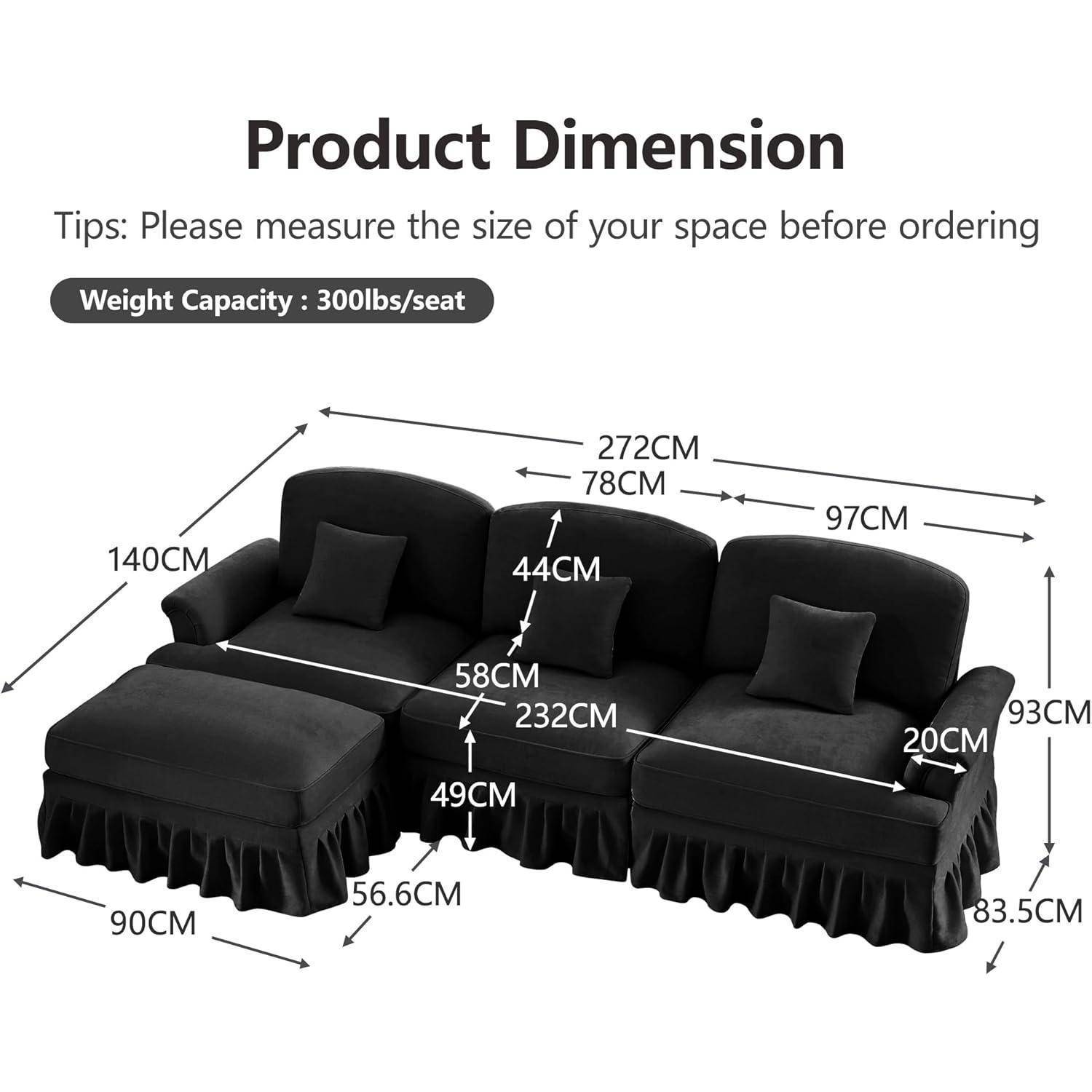 L-förmiges 3-Sitzer-Ecksofa im Mittelalter Stil mit Abnehmbarem Rüschenschürze & 1 Ottomane, Chenille Stoff mit Holzbeinen | Bequemes Couch 272 cm