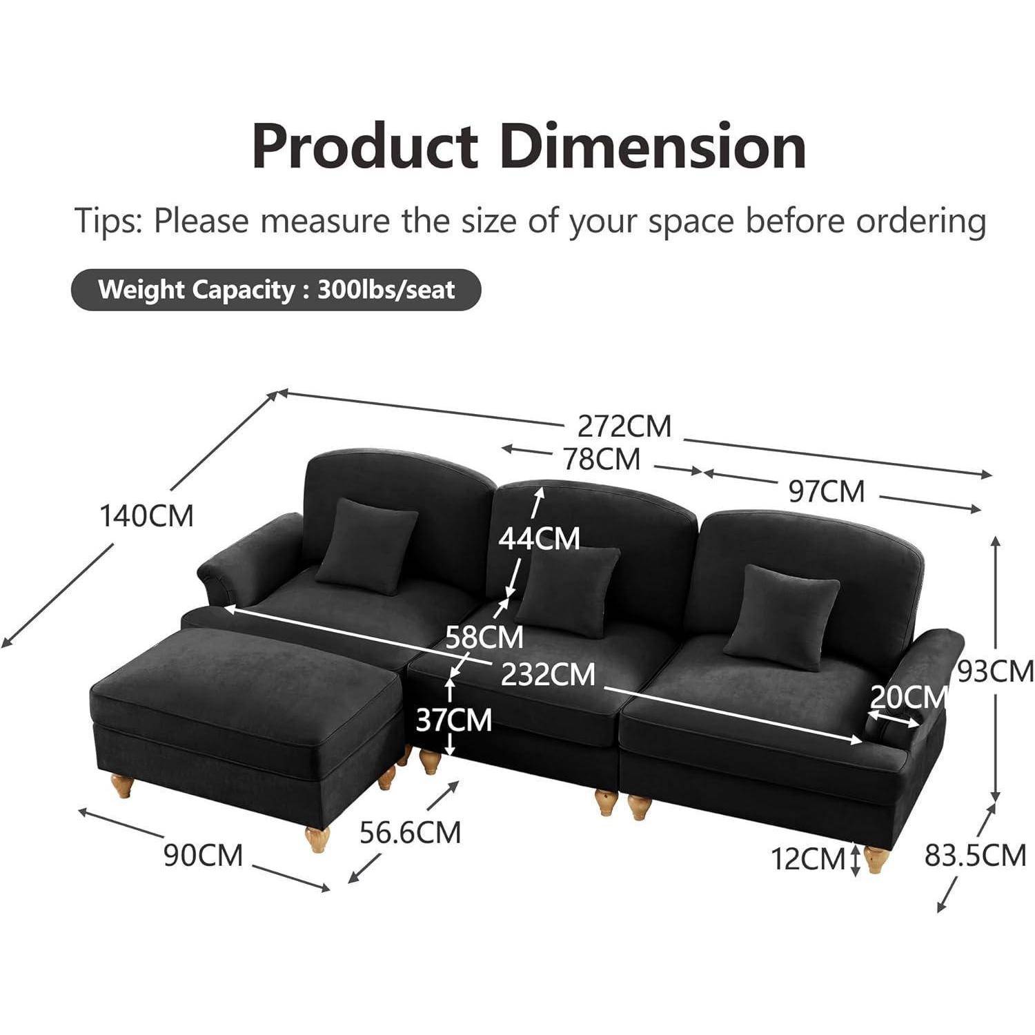 Produktabmessungsdiagramm eines schwarzen Ecksofa mit Ottomane, das Größenangaben zeigt: 272 cm Breite, 140 cm Tiefe, 93 cm Höhe und Tragfähigkeit 300 lbs pro Sitzplatz.