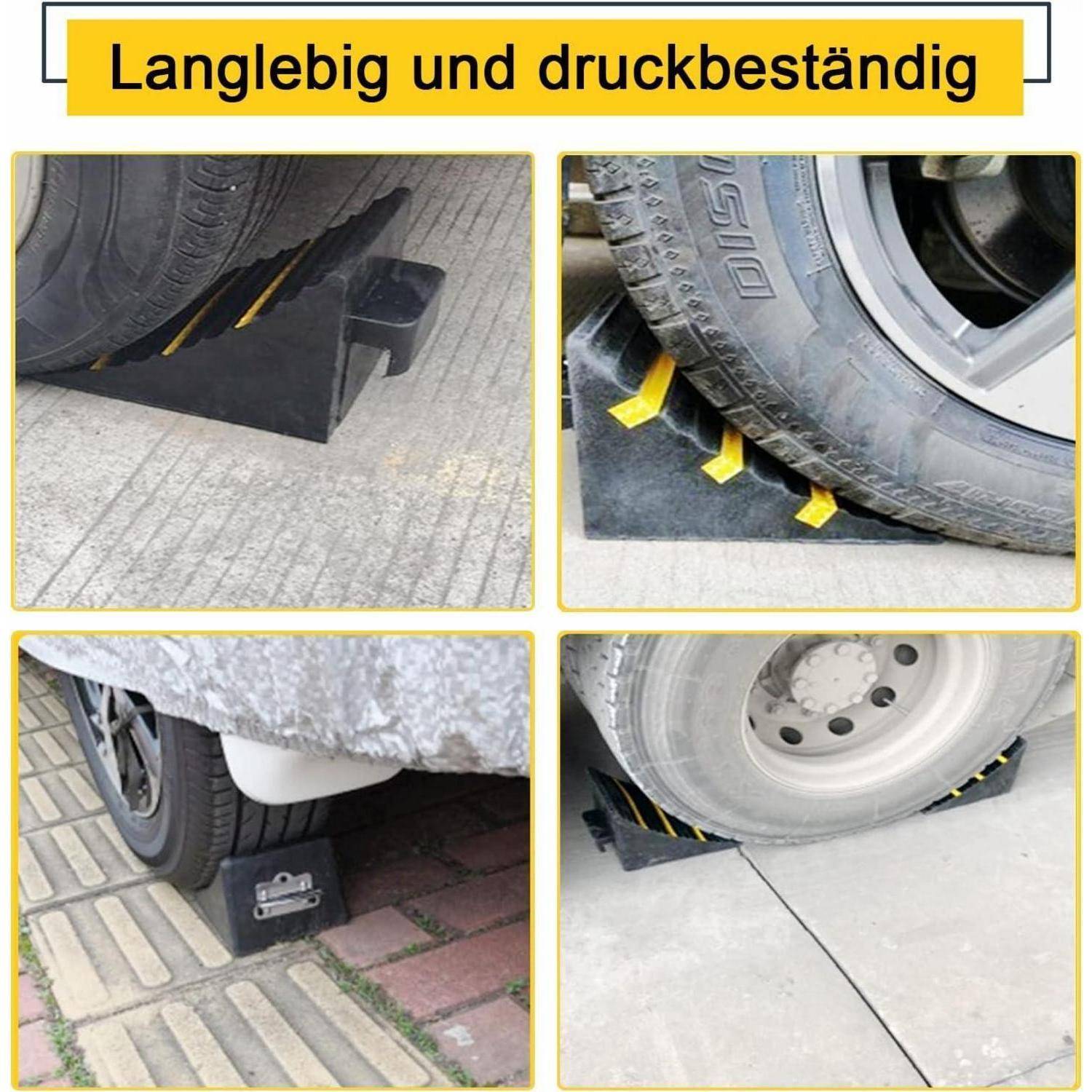 Collage zeigt langlebige, druckbeständige Radkeilsen unter Autoreifen in verschiedenen Straßenrand- und Garageneinstellungen, mit der Beschriftung 