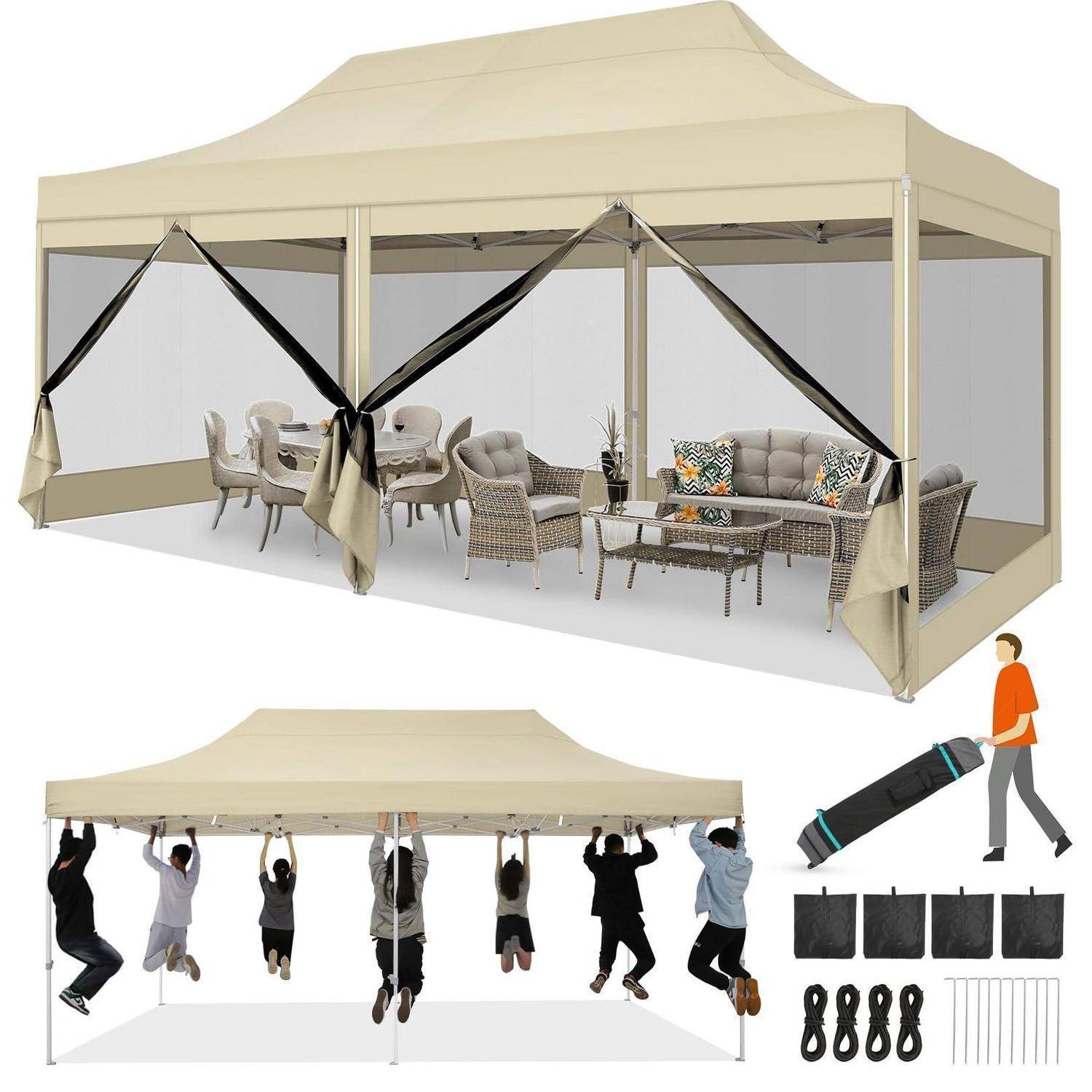 Illustration eines beigefarbenen Pop-up-Markisenzelts für Außensitzplätze mit einem vollständig eingerichteten Loungebereich und kleineren Bildern, die Menschen beim Aufhängen des Rahmens, einer Tragetasche und enthaltenen Heringen und Riemen zeigen.