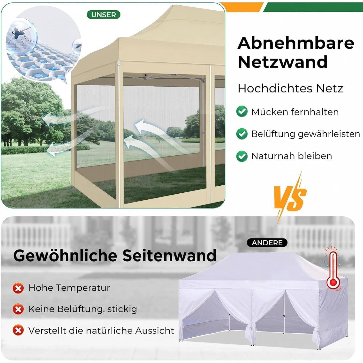 Vergleichsgrafik einer abnehmbaren Mesh-Seitenwand gegenüber einer Standard-Zeltfläche: Mesh hält Mücken ab, ermöglicht Belüftung und bewahrt den Ausblick nach außen.