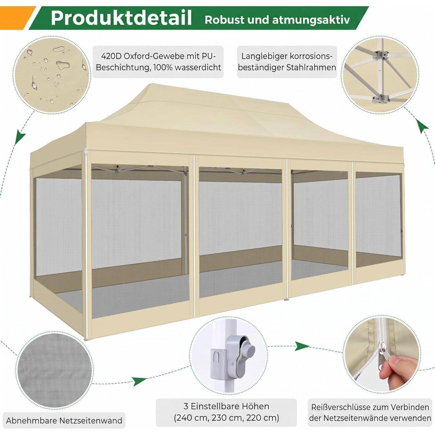 Beiges Pop-up-Pavillon-Zelt mit Mesh-Seitenwänden; Hinweise verweisen auf wasserdichtes Oxford-Gewebe, rostbeständigen Stahlrahmen, abnehmbares Netz und verstellbare Höhen 220, 230, 240 cm.