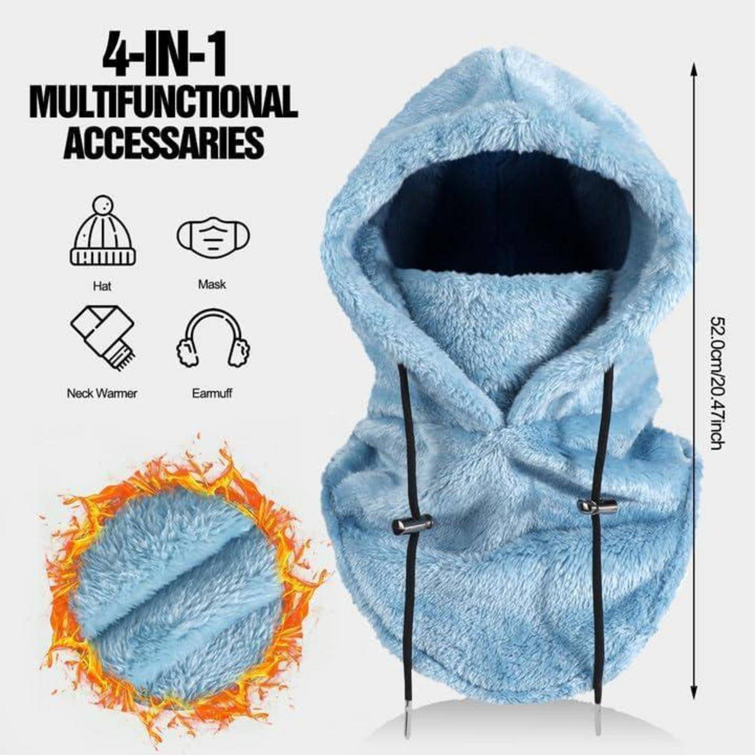 Produktbild eines blauen 4-in-1-Kapuzen-Accessoires, das als Hut, Maske, Halswärmer oder Ohrenschützer getragen werden kann; gezeigt mit Größe 52,0 cm x 20,47 Zoll.