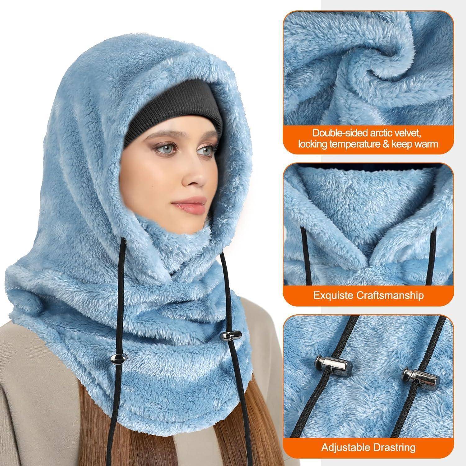 Modell trägt eine hellblaue Kunstfell-Kapuzenabteilung mit Gesichtsabdeckung und Zugschnüren; eingefügte Nahaufnahmen zeigen weiches Gewebe, warme Fütterung und verstellbare Passform.