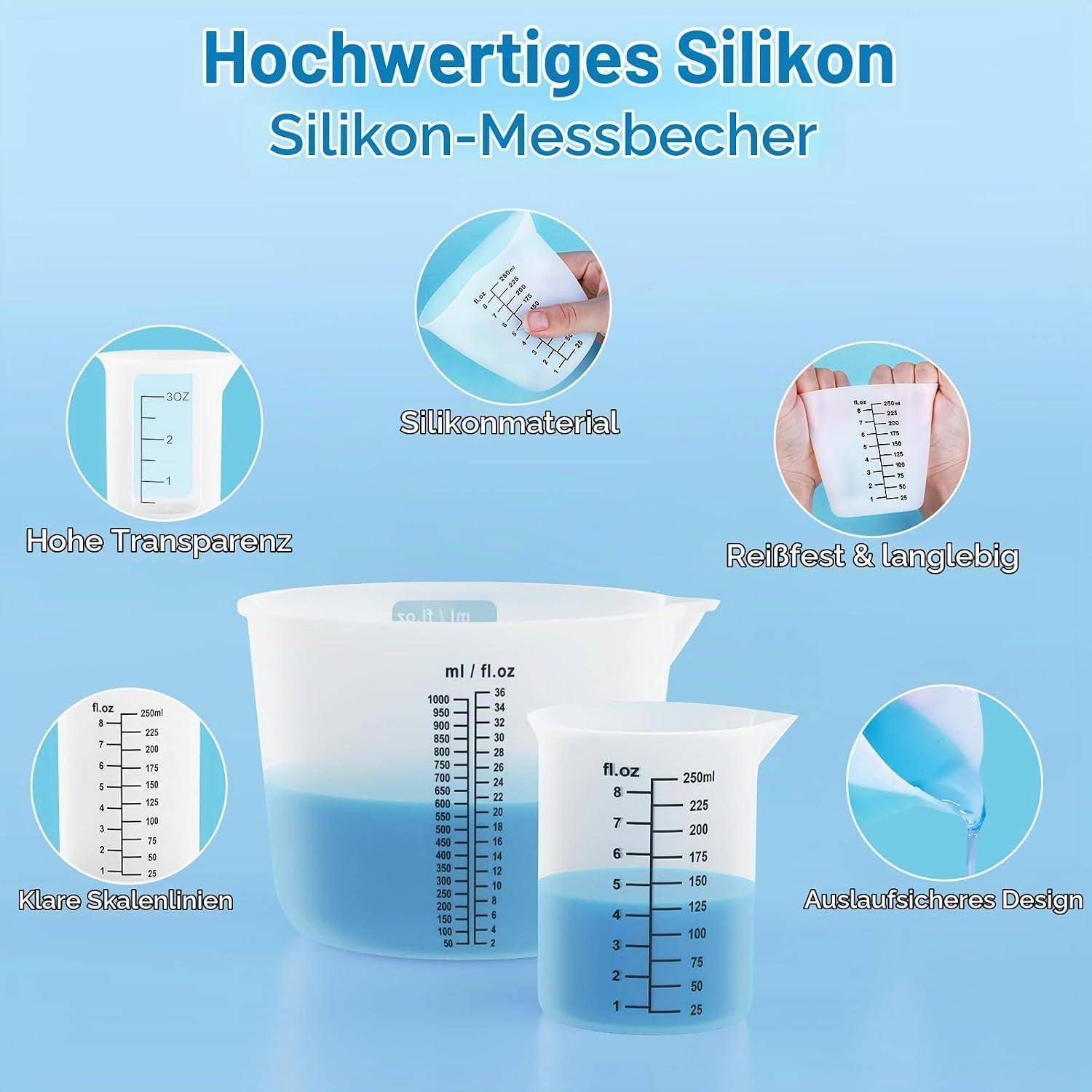 Silikon-Messbechergrafik mit transparenten, langlebigen, auslaufsicheren Bechern mit klaren Messskalen und detaillierten Funktionshinweisen.