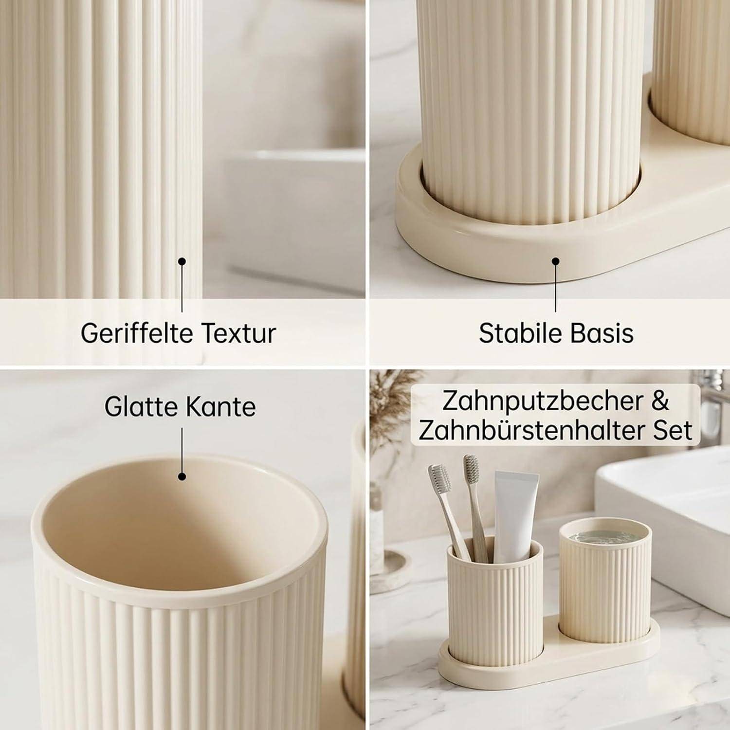 Geteilte Produktfoto eines gerippten beigen Badezimmerset mit Zahnbürsenhalter und Zahnpastabecher auf einer Basis, zeigt strukturierte Seiten, glatte Kante und stabile Basis.