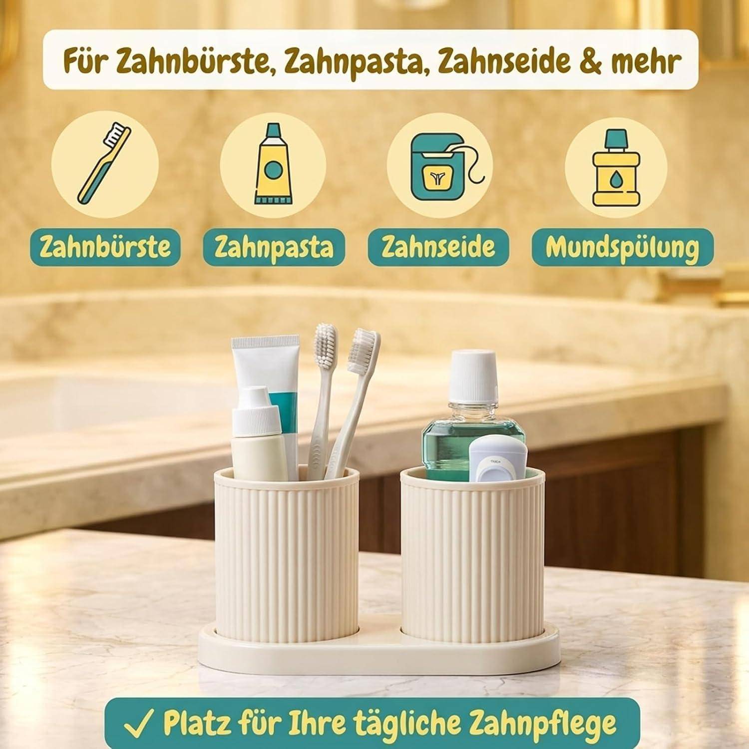 Badezimmer-Arbeitsplatte Organizer mit zwei gerippten Bechern zur Aufbewahrung von Zahnbürsten, Zahnpasta, Zahnseide und Mundwasser; Der deutsche Text besagt „Für Zahnbürste, Zahnpasta, Zahnseide und mehr
