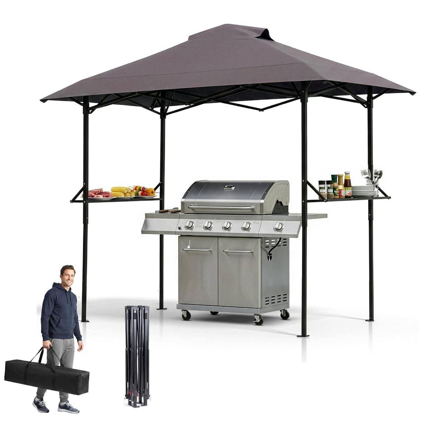 Tragbarer Outdoor-Pavillon mit integriertem Gasgrill, Seitenregalen, Tragetasche und Klappramen; ein Mann steht da und hält eine Tasche für die Montage.