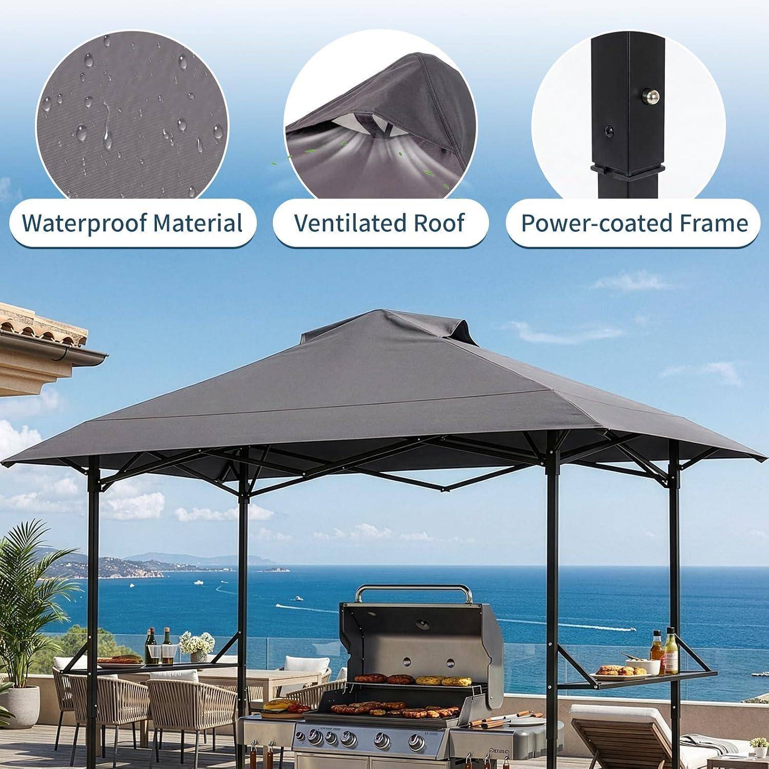Outdoor-Pavillon mit wasserdichtem, belüftetem Dach und pulverbeschichtetem Rahmen, gezeigt über einem Patio-Grill mit Meerblick.
