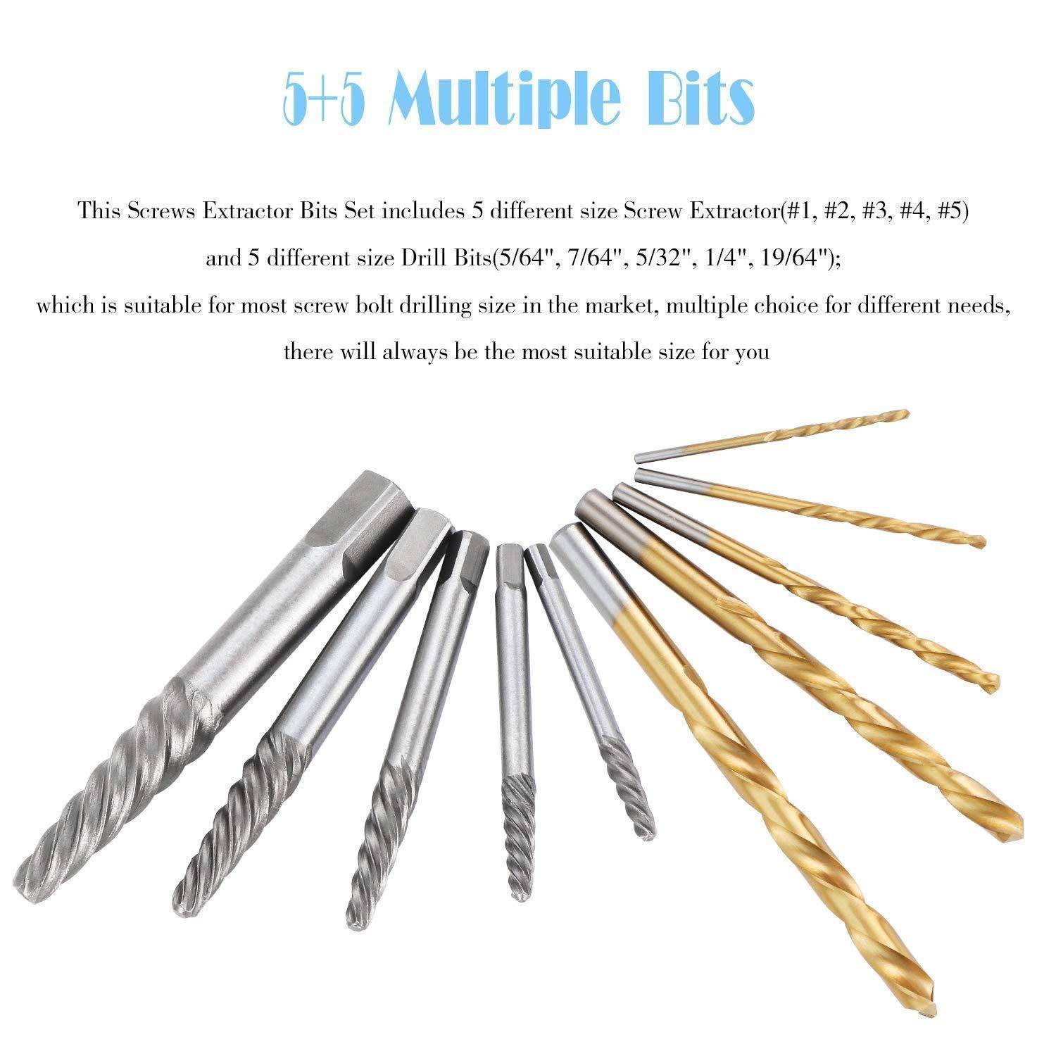 Produktbild eines 5+5 Mehrbit-Schraubenausdreherset und Bohrer, das fünf Ausdrehrgrößen und fünf Bohrgrößen mit Text zur Beschreibung des Sets zeigt.