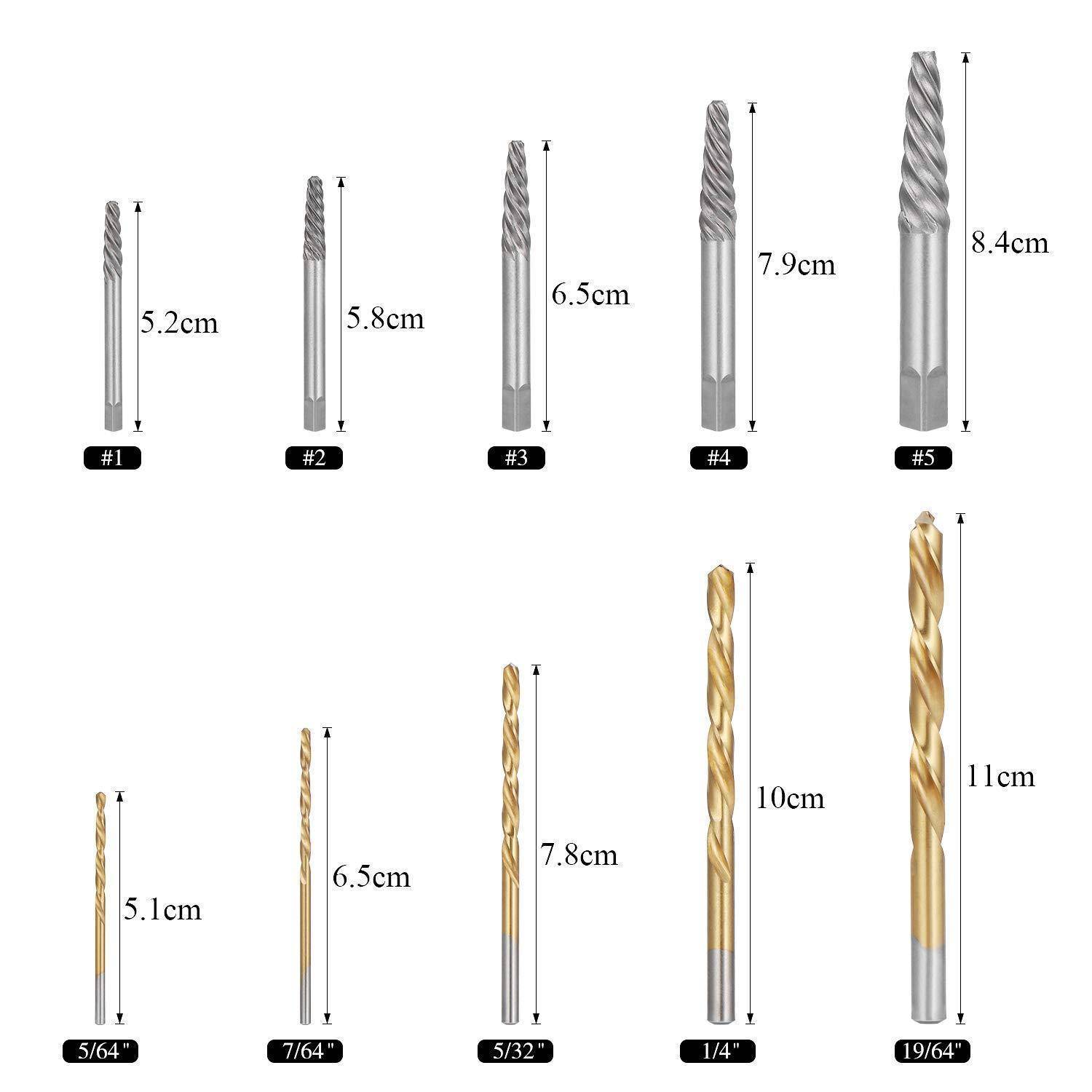 Größentabelle zum Vergleich von Bohrern und Fräsern, gekennzeichnet von #1 bis #5 und 5/64 bis 19/64, mit Längen von 5,1 cm bis 11 cm.