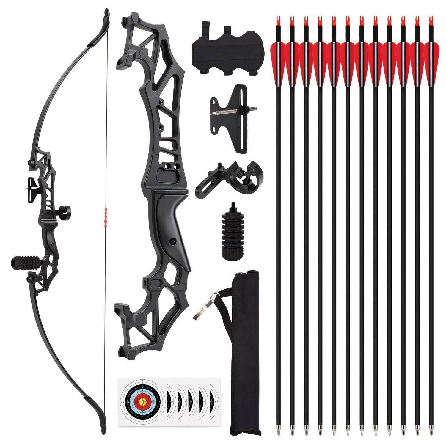 Compound-Bogen-Set mit Bogen, Pfeilen, Visier, Stabilisator, Köcher, Pfeilauflage und Zielschießblatt auf weißem Hintergrund angeordnet
